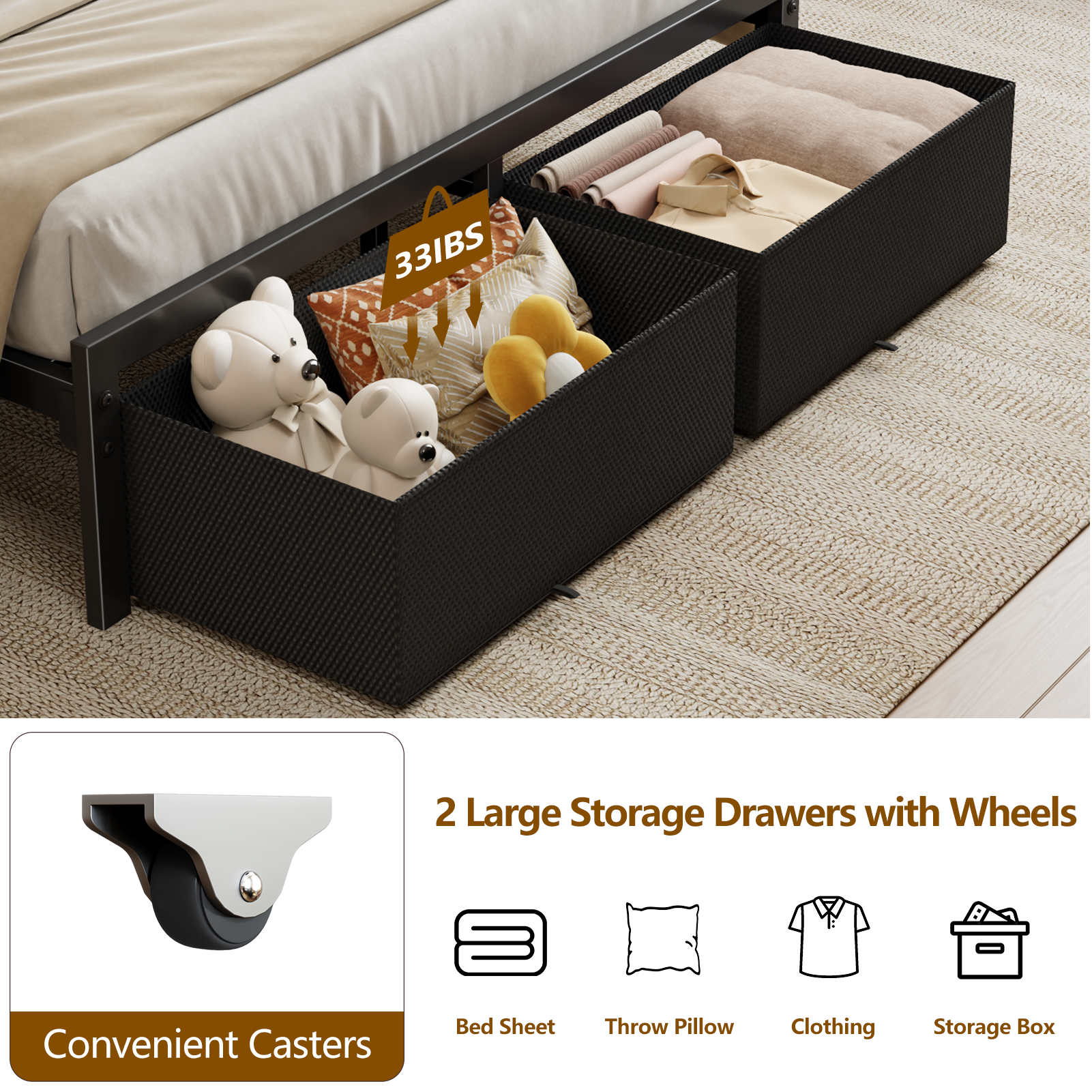 Full Size Platform Bed Frame 2 Storage Drawers Headboard LED Lights Charging Station Heavy Duty Metal Wood No Box Spring Needed Guest Bedroom USB
