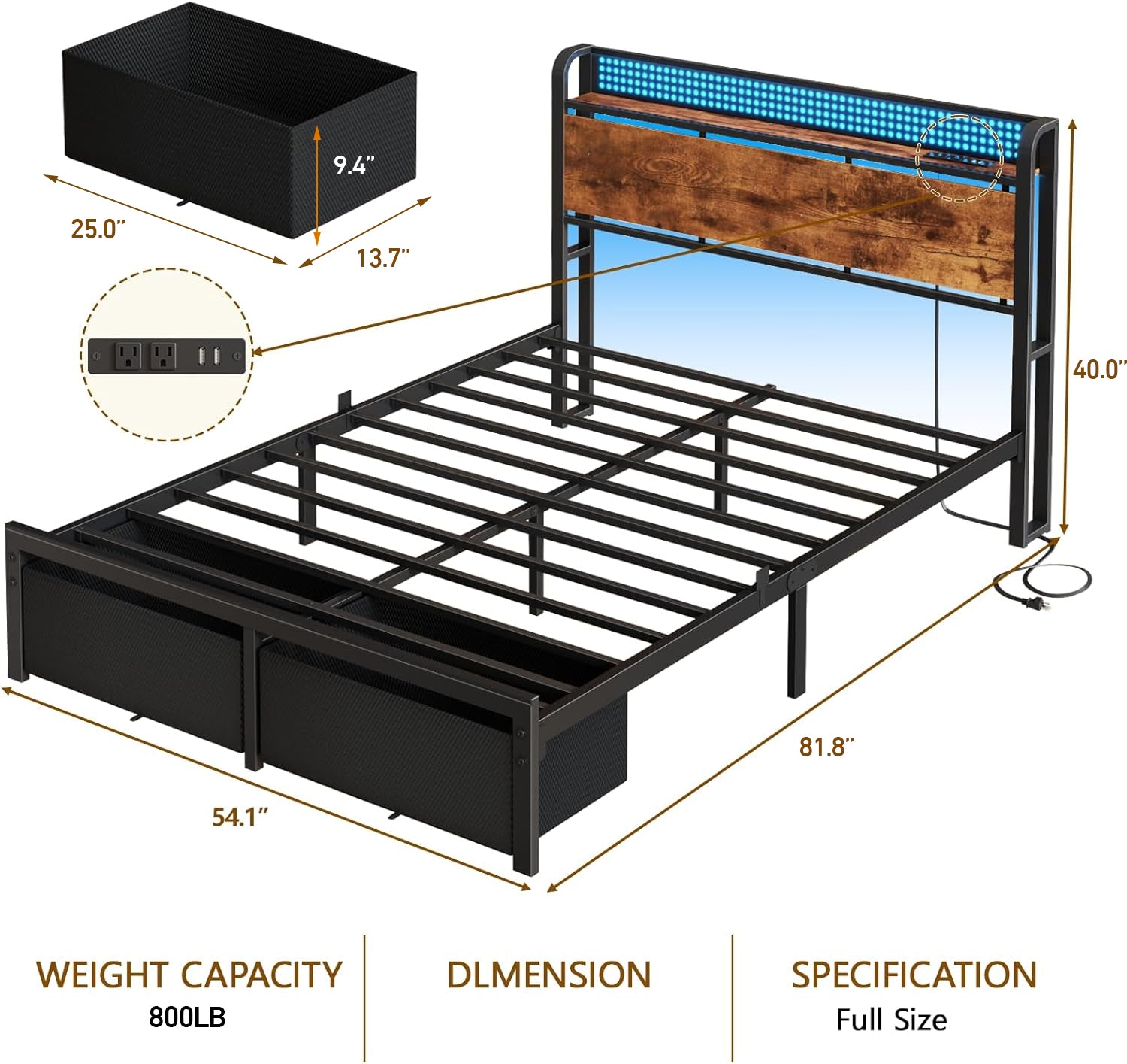 Full Size Platform Bed Frame 2 Storage Drawers Headboard LED Lights Charging Station Heavy Duty Metal Wood No Box Spring Needed Guest Bedroom USB