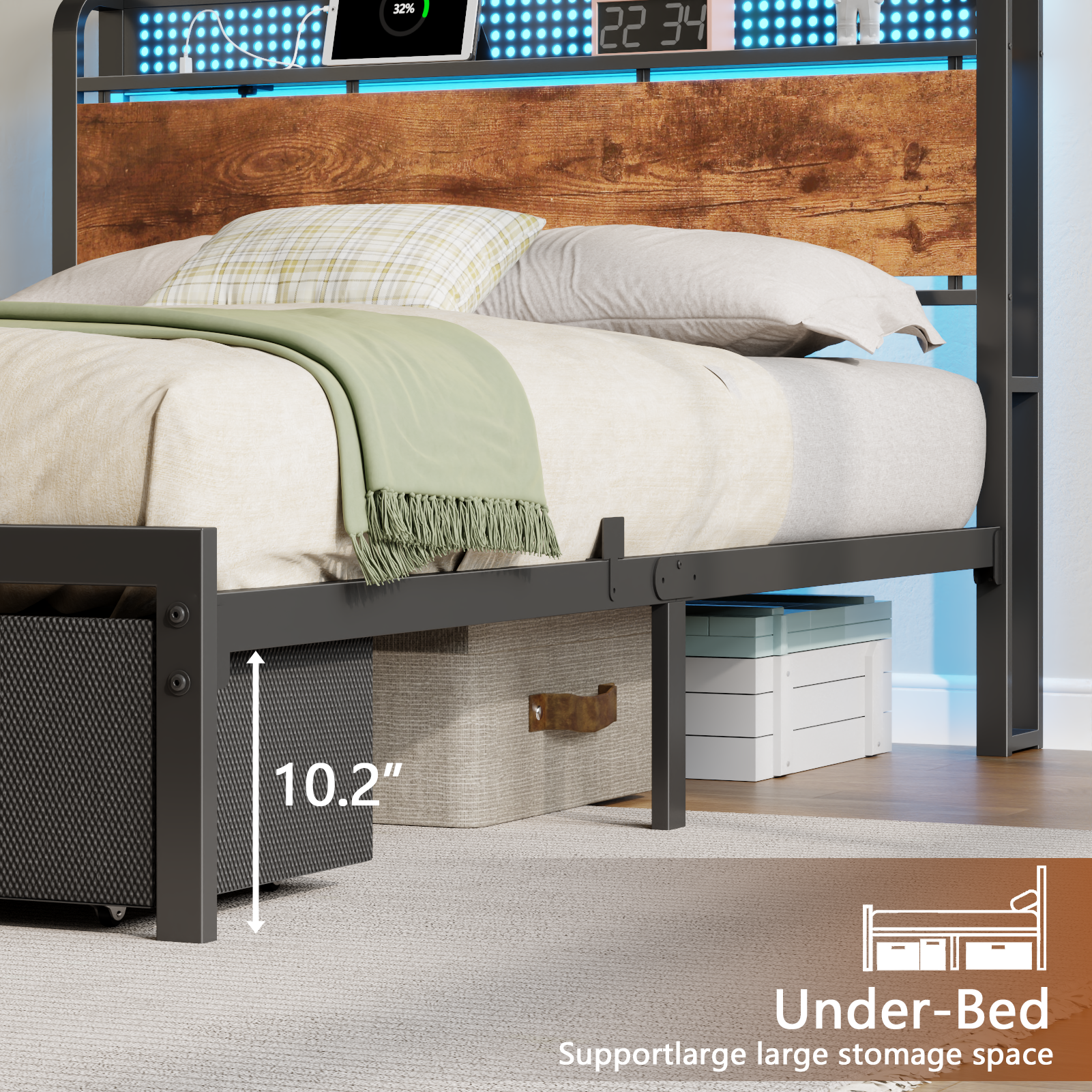 Full Size Platform Bed Frame 2 Storage Drawers Headboard LED Lights Charging Station Heavy Duty Metal Wood No Box Spring Needed Guest Bedroom USB