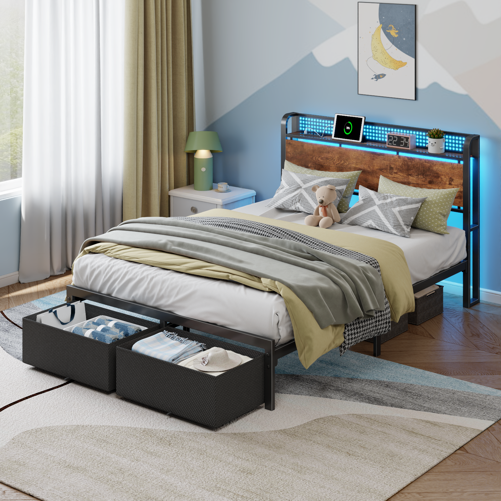 Full Size Platform Bed Frame 2 Storage Drawers Headboard LED Lights Charging Station Heavy Duty Metal Wood No Box Spring Needed Guest Bedroom USB