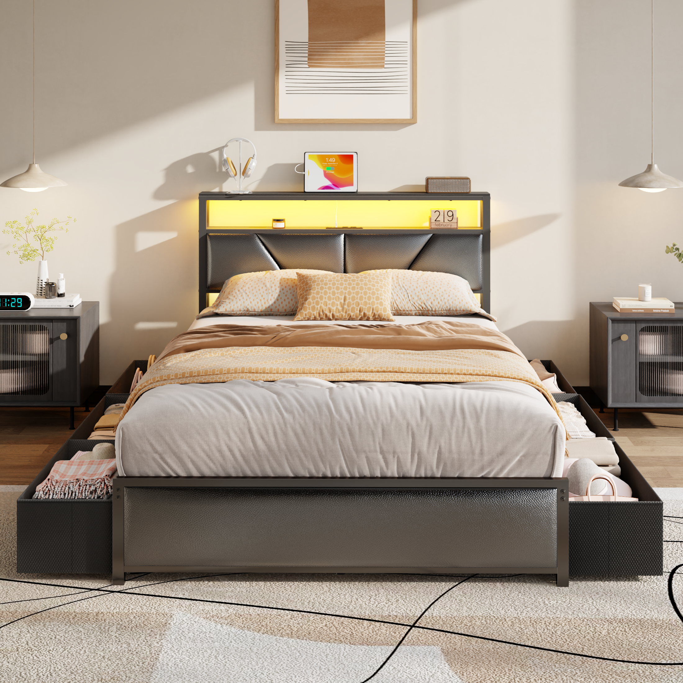 Qwatto Full Size Storage Bed Frame with 6 Drawers Charging Station LED Lights PU Leather Upholstered Headboard Platform Metal No Box Spring Needed