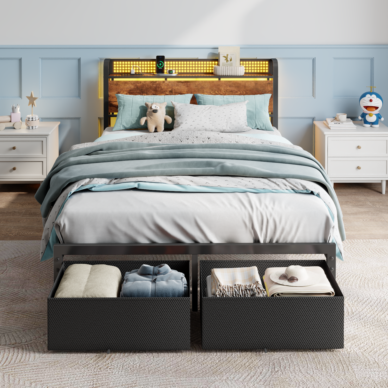 Full Size Platform Bed Frame 2 Storage Drawers Headboard LED Lights Charging Station Heavy Duty Metal Wood No Box Spring Needed Guest Bedroom USB