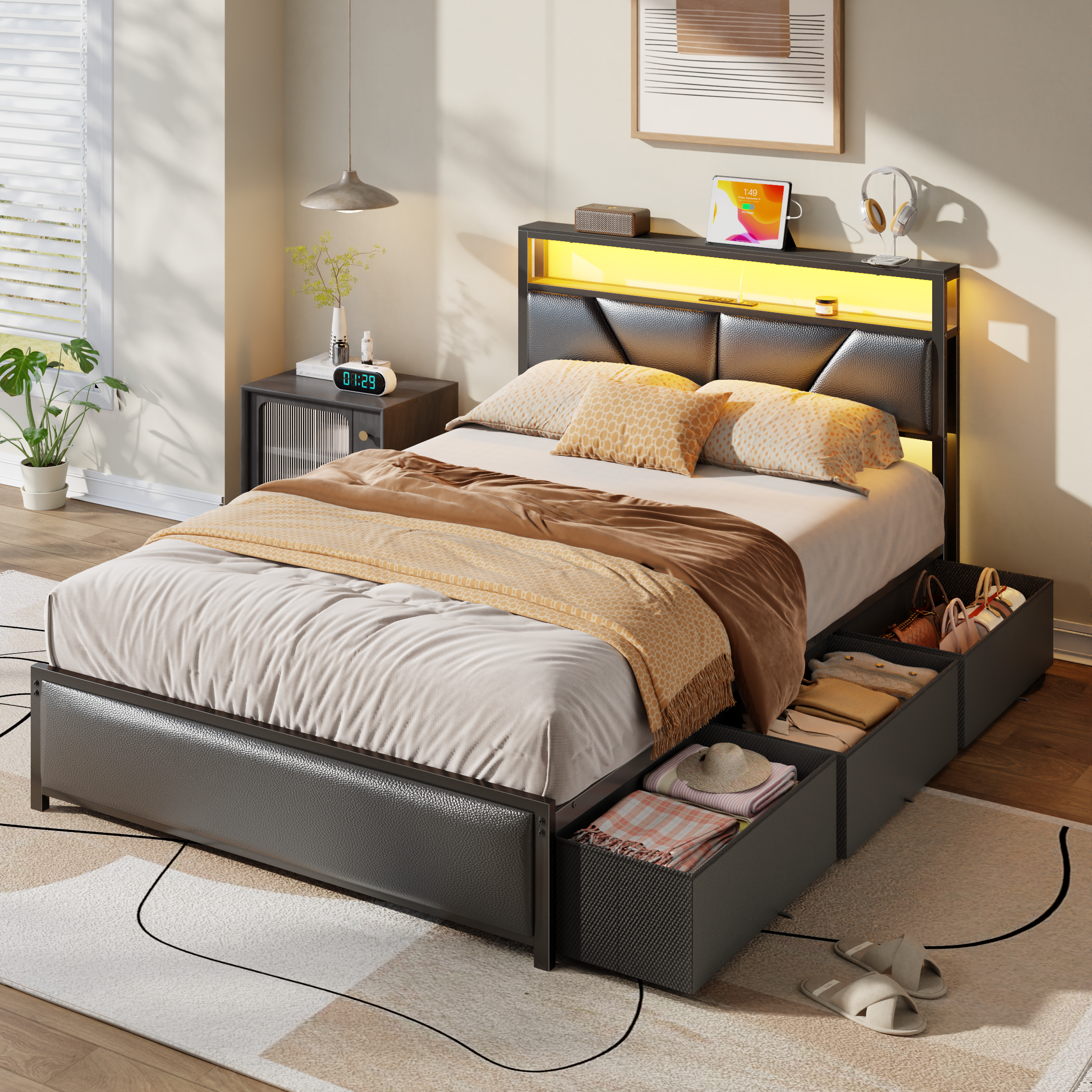 Qwatto Full Size Storage Bed Frame with 6 Drawers Charging Station LED Lights PU Leather Upholstered Headboard Platform Metal No Box Spring Needed