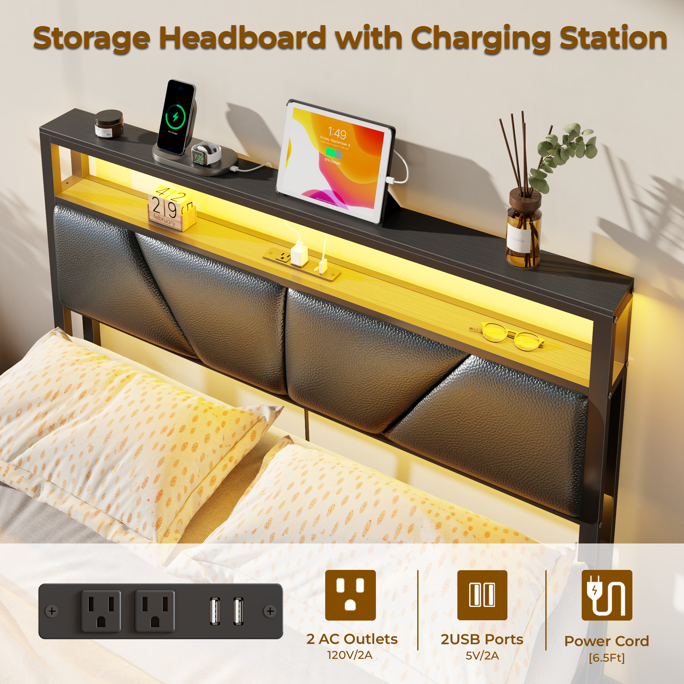 Qwatto Full Size Storage Bed Frame with 6 Drawers Charging Station LED Lights PU Leather Upholstered Headboard Platform Metal No Box Spring Needed