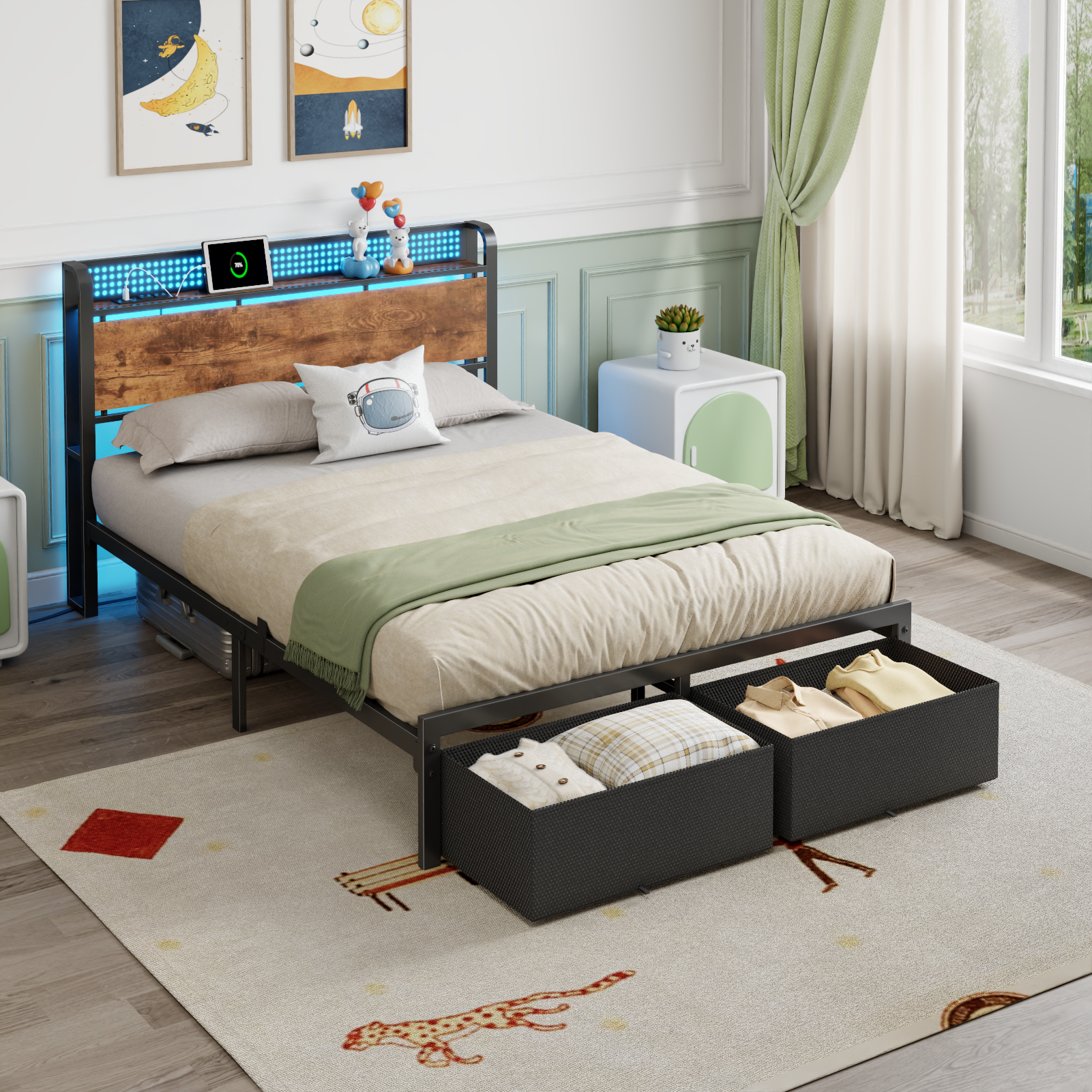Full Size Platform Bed Frame 2 Storage Drawers Headboard LED Lights Charging Station Heavy Duty Metal Wood No Box Spring Needed Guest Bedroom USB