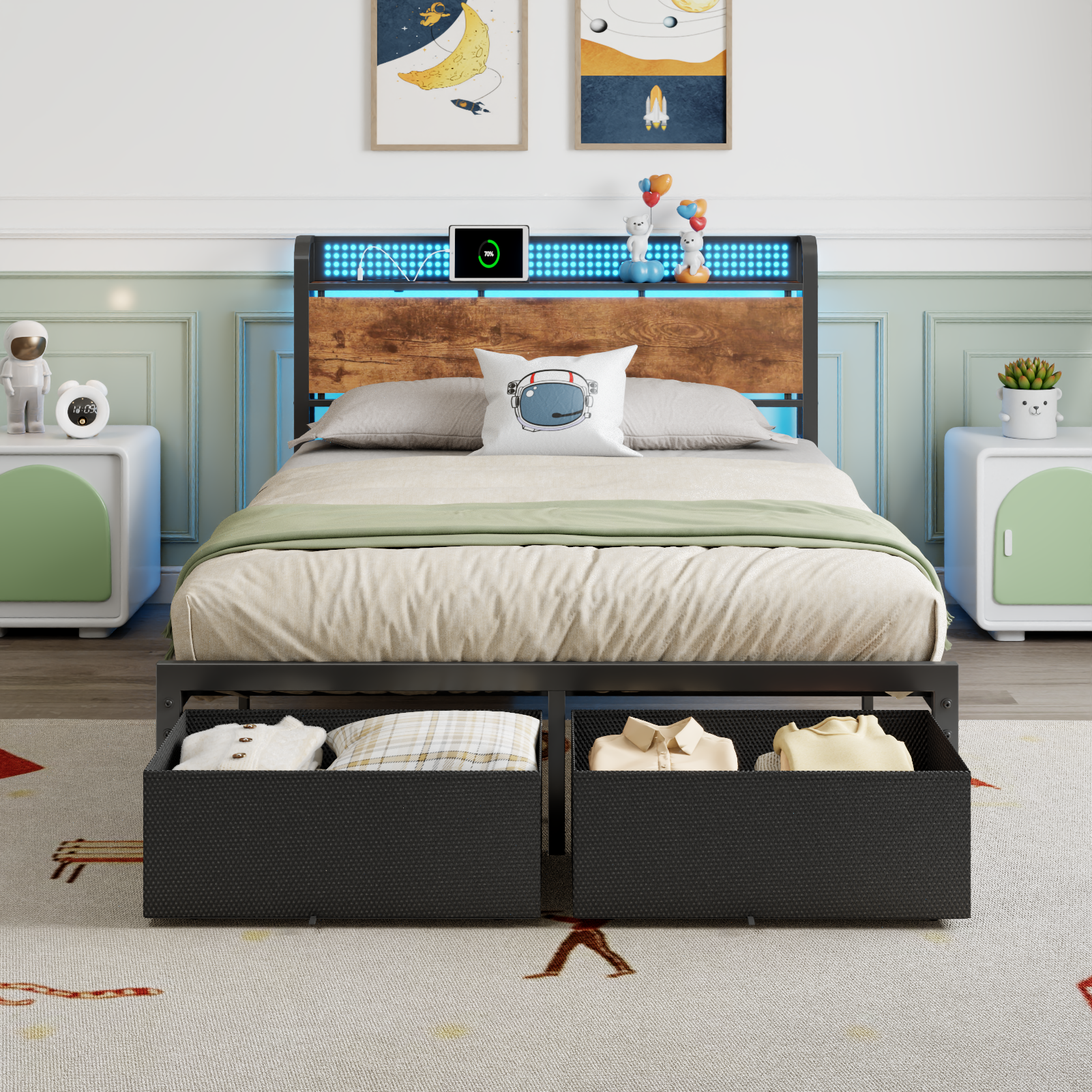 Furnulem Full Size Bed Frame with Headboard Storage  Platform Bed Frame Full Size  Charging Station and LED Lights