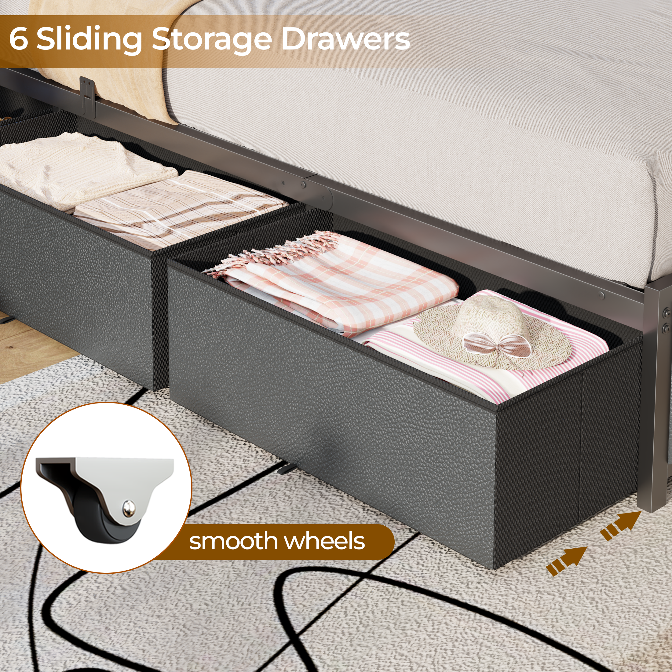 Qwatto Full Size Storage Bed Frame with 6 Drawers Charging Station LED Lights PU Leather Upholstered Headboard Platform Metal No Box Spring Needed