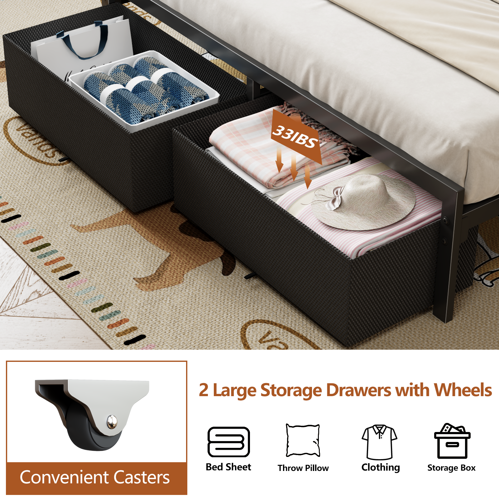 Full Size Platform Bed Frame 2 Storage Drawers Headboard LED Lights Charging Station Heavy Duty Metal Wood No Box Spring Needed Guest Bedroom USB