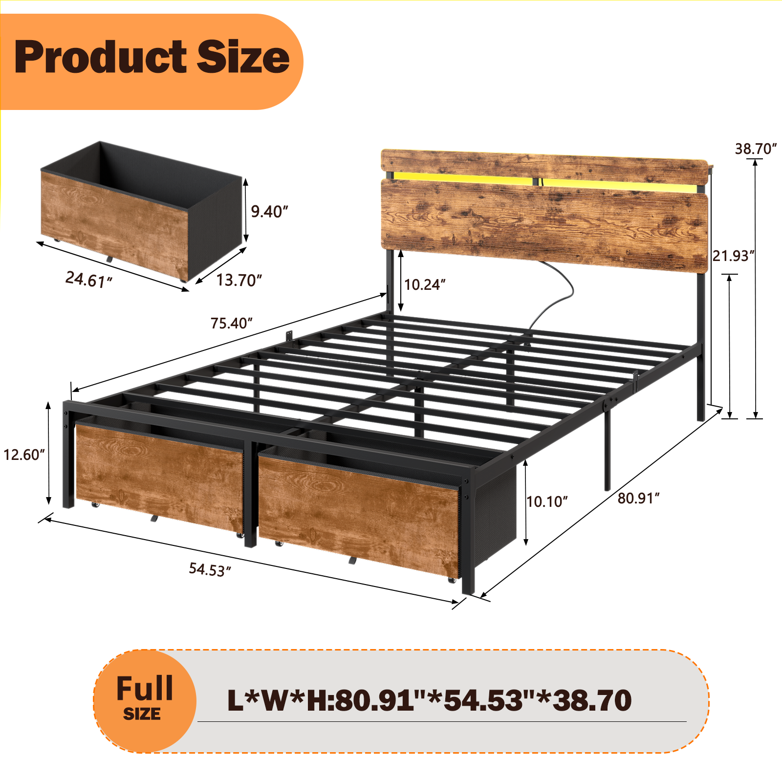 Full Size Bed Frame with Wood Headboard Metal Platform Bed with 2 Storage Drawers Shelf Built in Charging Station LED Lights No Box Spring Needed
