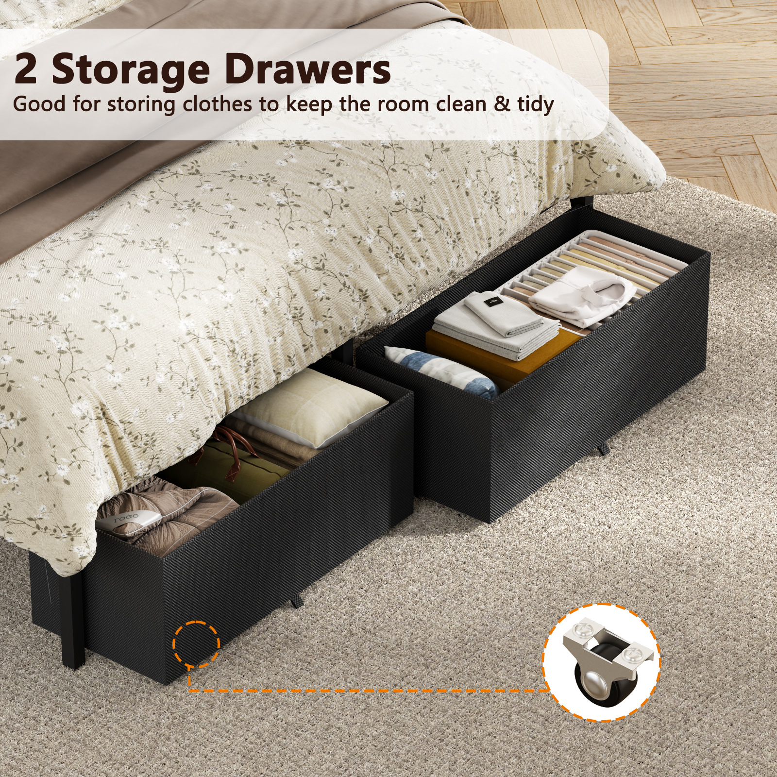 Full Size Bed Frame with Wood Headboard Black Platform Bed with 2 Storage Drawers Shelf Built in Charging Station  LED Lights No Box Spring Needed