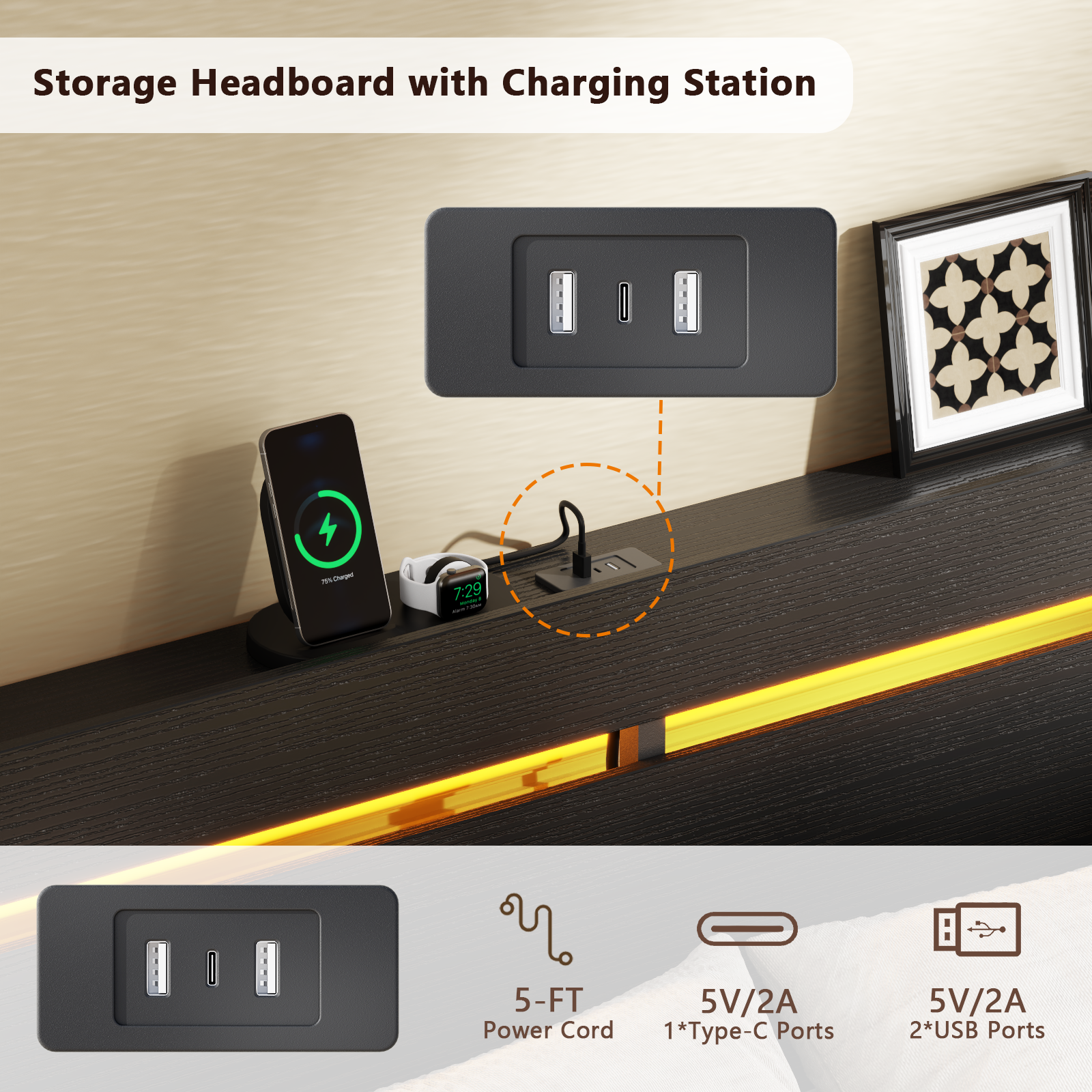 Full Size Bed Frame with Wood Headboard Black Platform Bed with 2 Storage Drawers Shelf Built in Charging Station  LED Lights No Box Spring Needed