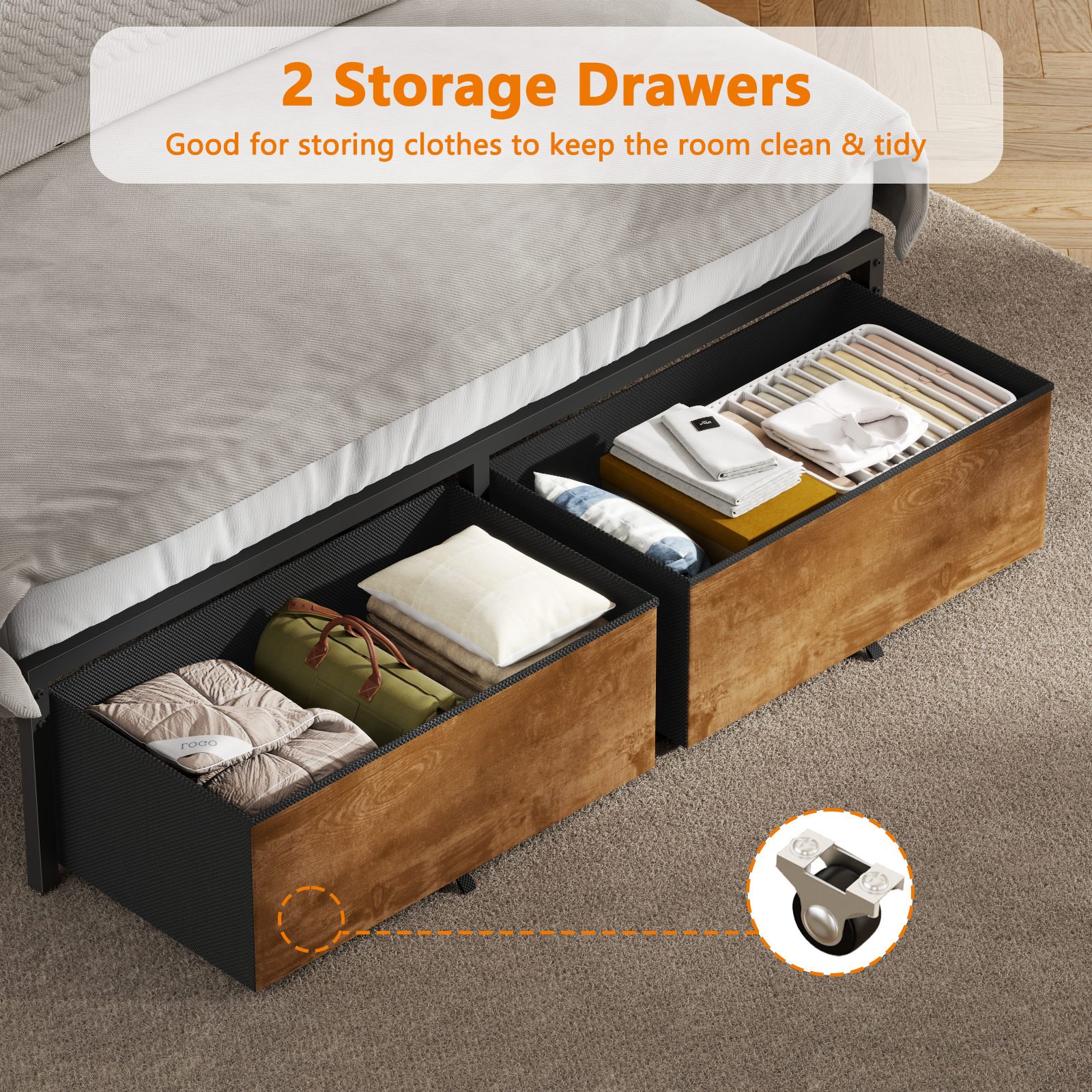 Full Size Bed Frame with Wood Headboard Metal Platform Bed with 2 Storage Drawers Shelf Built in Charging Station LED Lights No Box Spring Needed