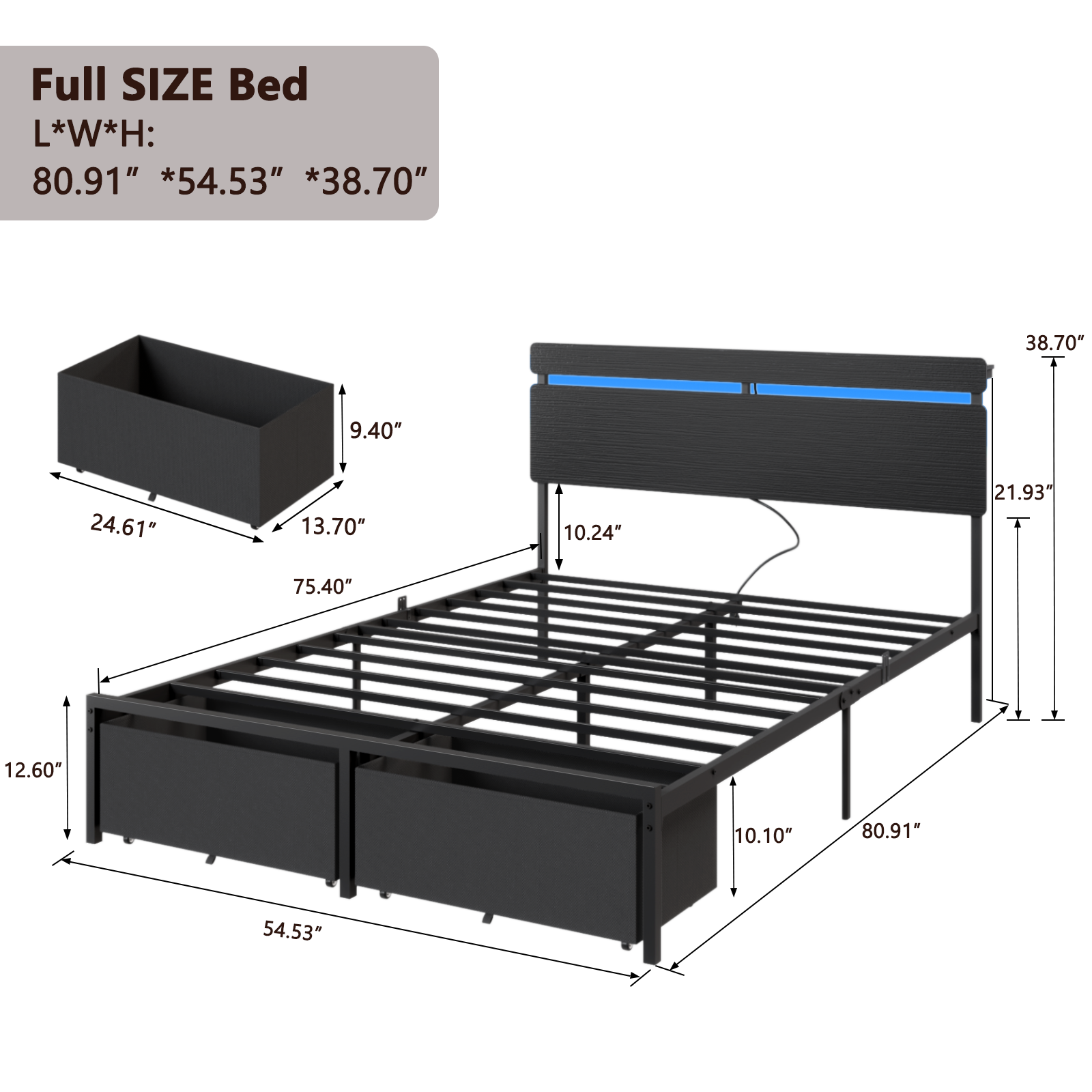 Full Size Bed Frame with Wood Headboard Black Platform Bed with 2 Storage Drawers Shelf Built in Charging Station  LED Lights No Box Spring Needed