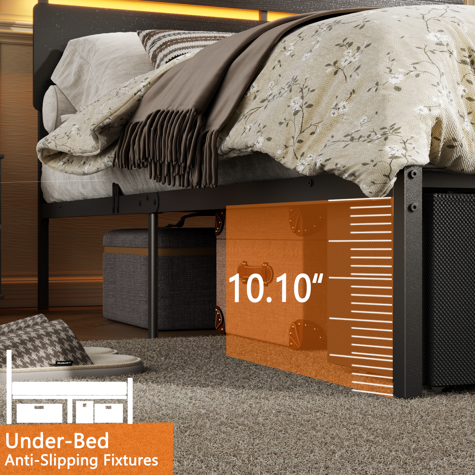 Full Size Bed Frame with Wood Headboard Black Platform Bed with 2 Storage Drawers Shelf Built in Charging Station  LED Lights No Box Spring Needed