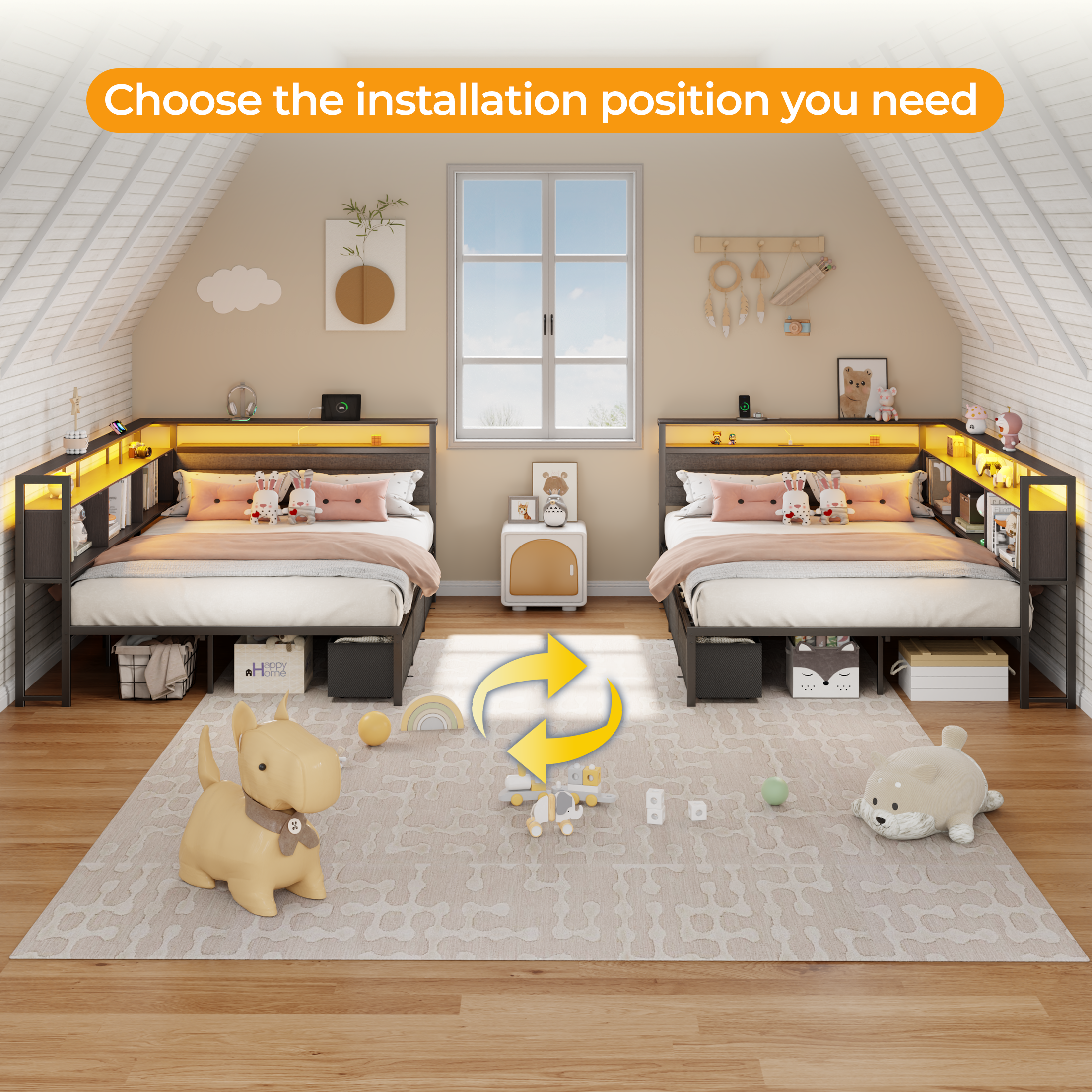 Furnulem Full Size Bed Frame with Headboard and Storage Drawers  Full Metal Platform Corner Bed Frame with Charging Station and LED Lights