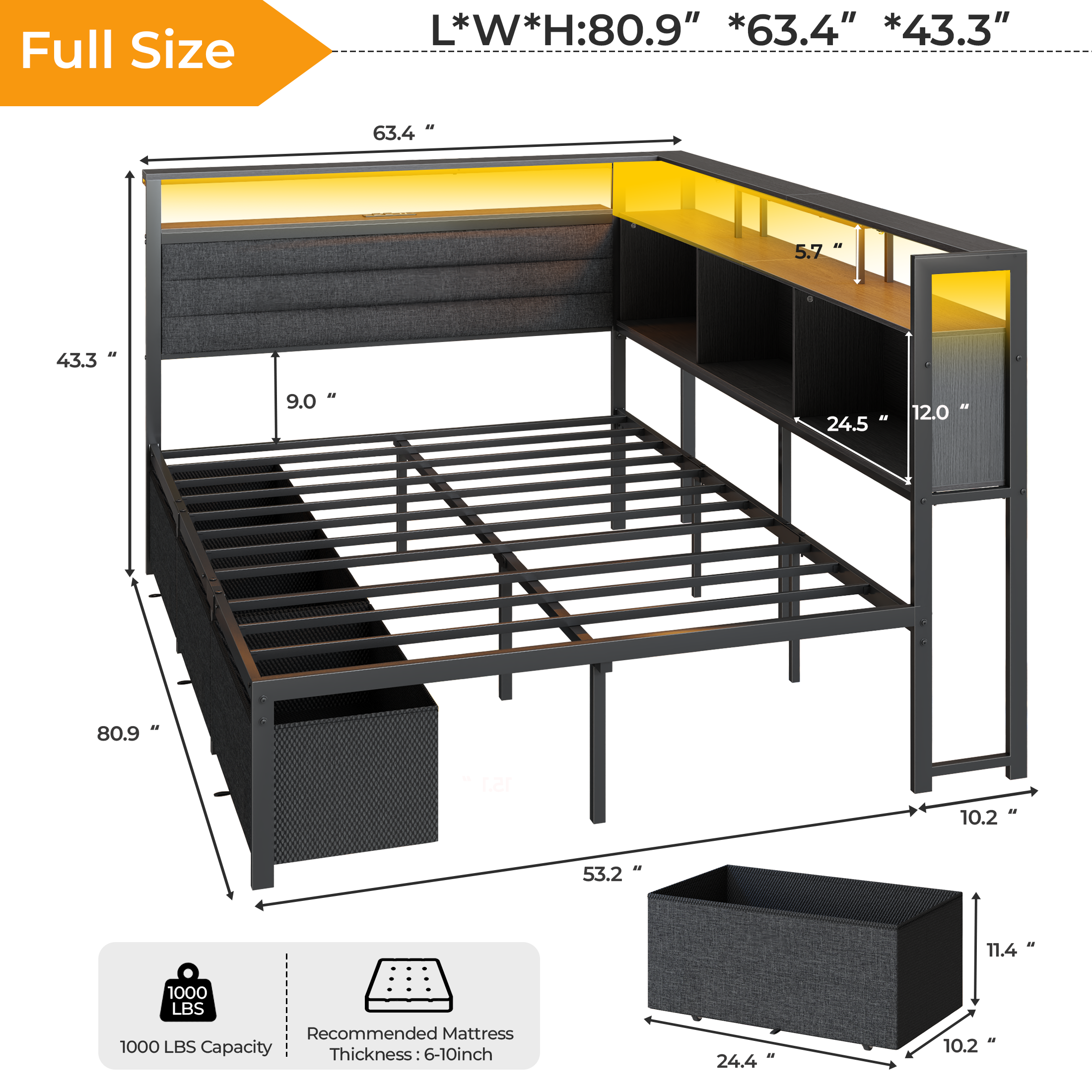 Black Full Bed Frame with LED Lights Charging Station Storage Bookcase 3 Drawers Upholstered Headboard Corner Daybed No Box Spring Support