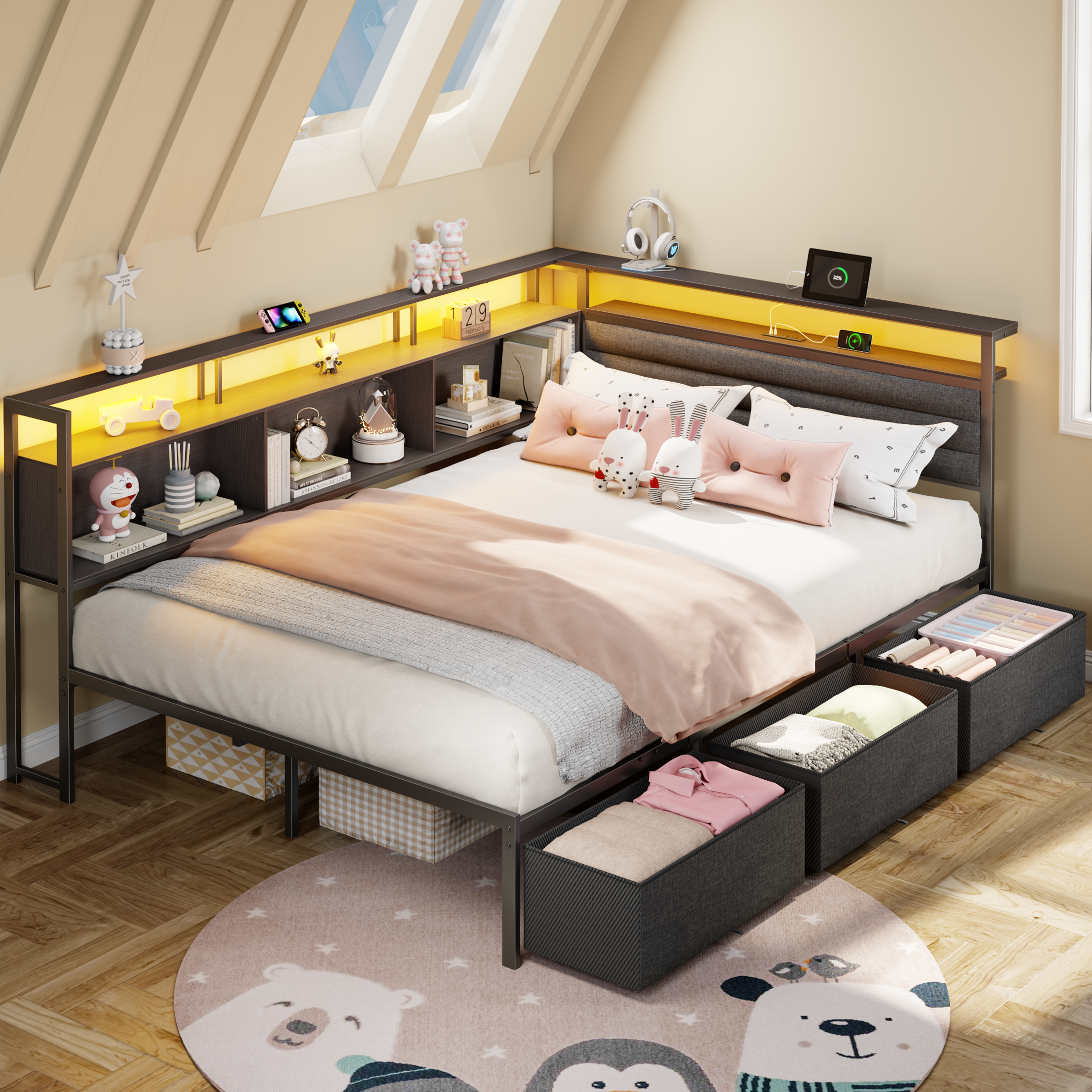 Furnulem Full Size Bed Frame with Headboard and Storage Drawers  Full Metal Platform Corner Bed Frame with Charging Station and LED Lights