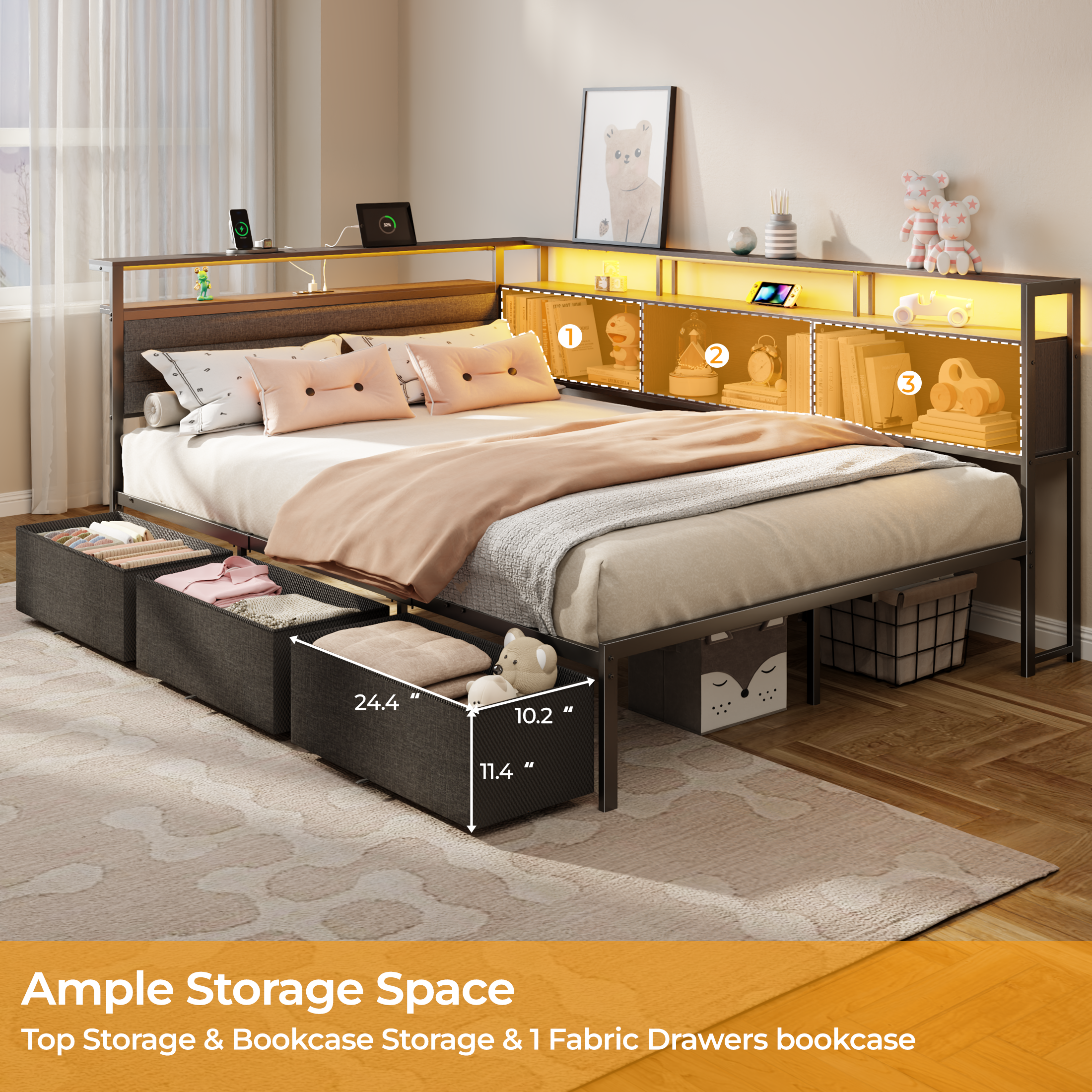 Black Full Size Corner Bed Frame With Storage Drawers LED Lights Charging Station Metal Platform Daybed For Teen Gaming Bedroom No Box Spring