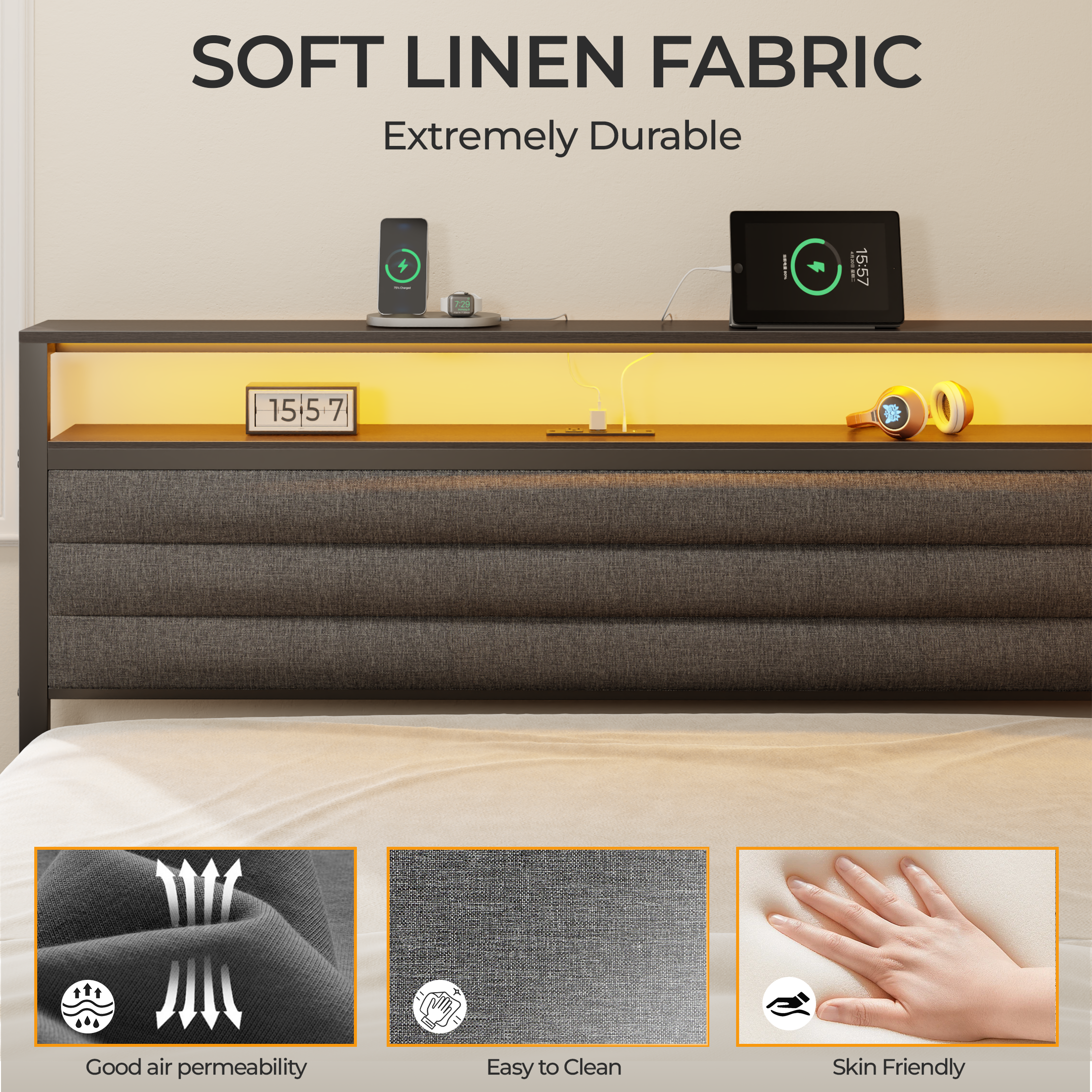 Full Size Bed Frame with Headboard and Storage Drawers Full Metal Platform Corner Bed Frame with Charging Station and LED Lights