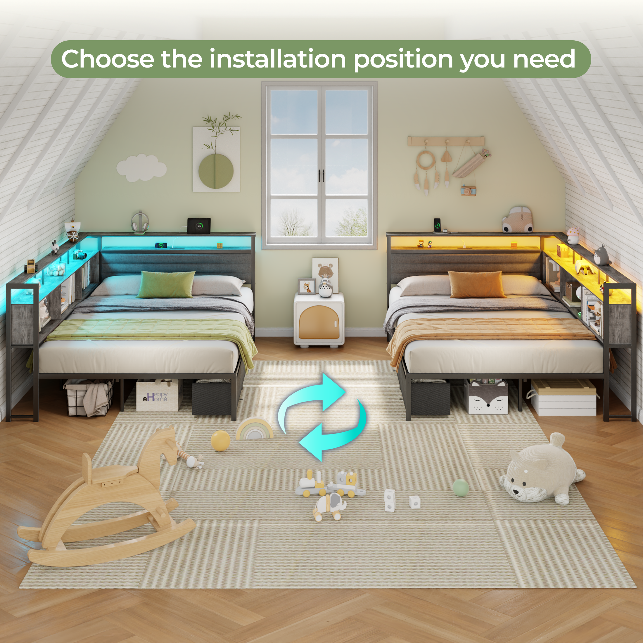 Furnulem Full Size Bed Frame with Headboard and Storage Drawers Full Metal Platform Corner Bed Frame with Charging Station and LED Lights Gray