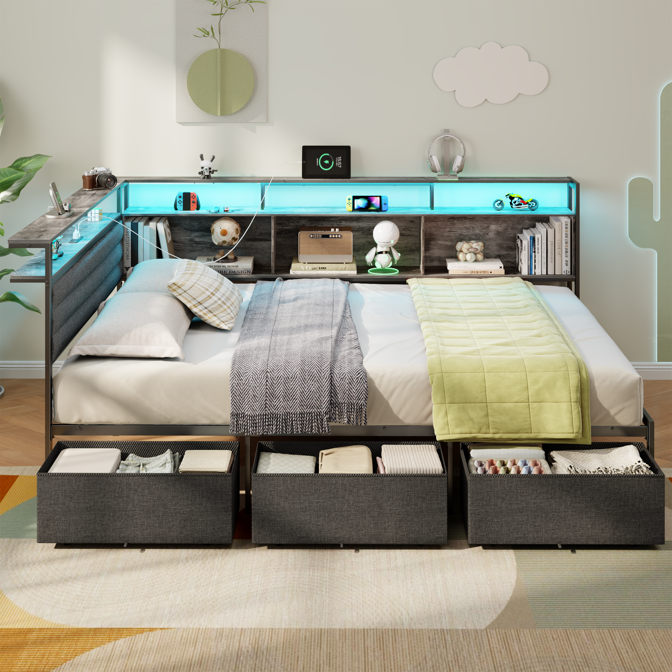 Furnulem Full Size Bed Frame with Headboard and Storage Drawers Full Metal Platform Corner Bed Frame with Charging Station and LED Lights Gray