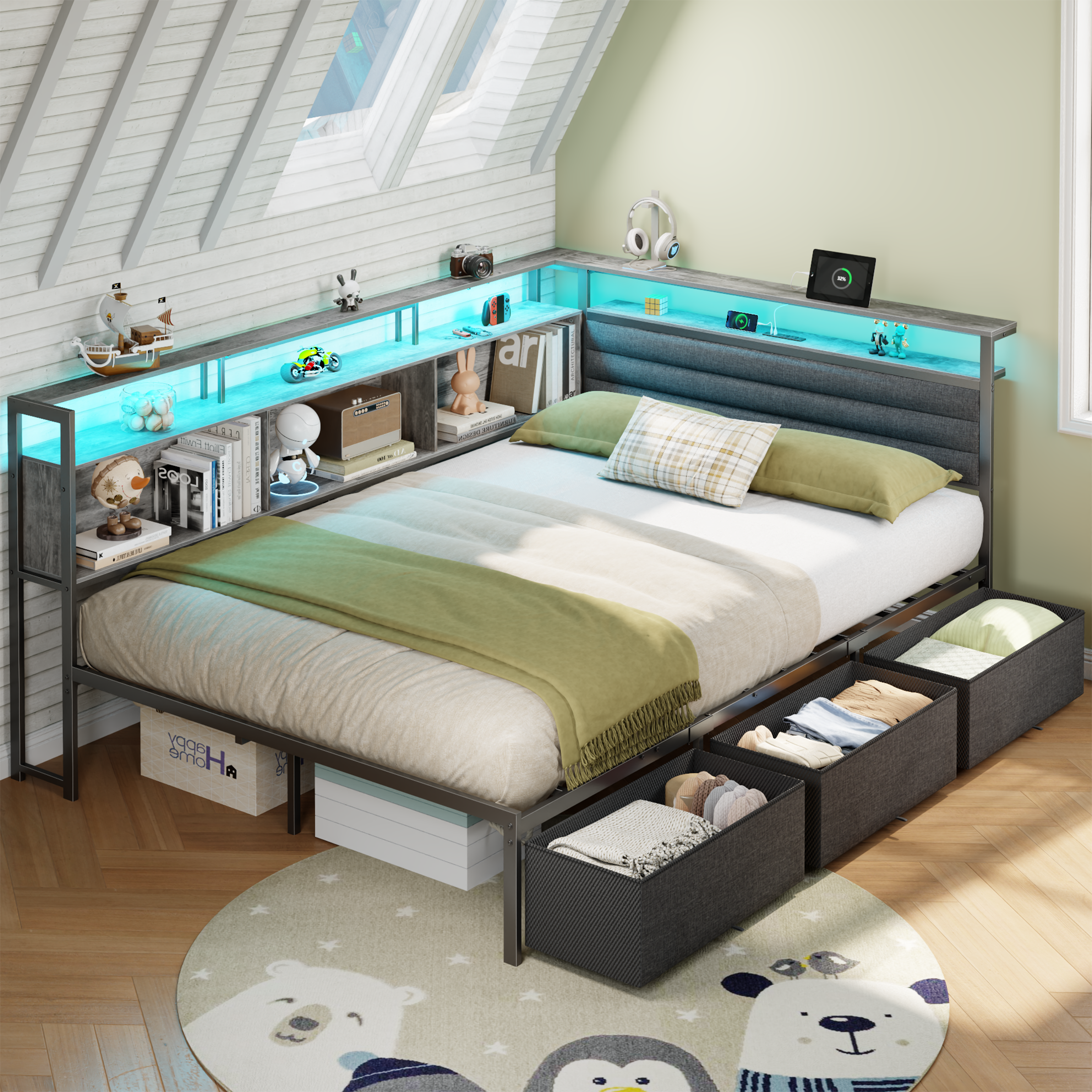 Furnulem Full Size Bed Frame with Headboard and Storage Drawers Full Metal Platform Corner Bed Frame with Charging Station and LED Lights Gray