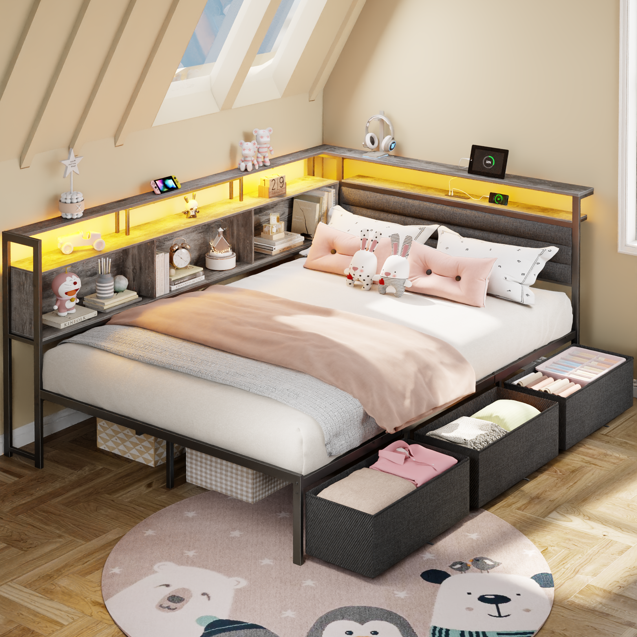 Gray Full Bed Frame with LED Lights Charging Station Storage Bookcase 3 Drawers Upholstered Headboard Corner Daybed No Box Spring Support