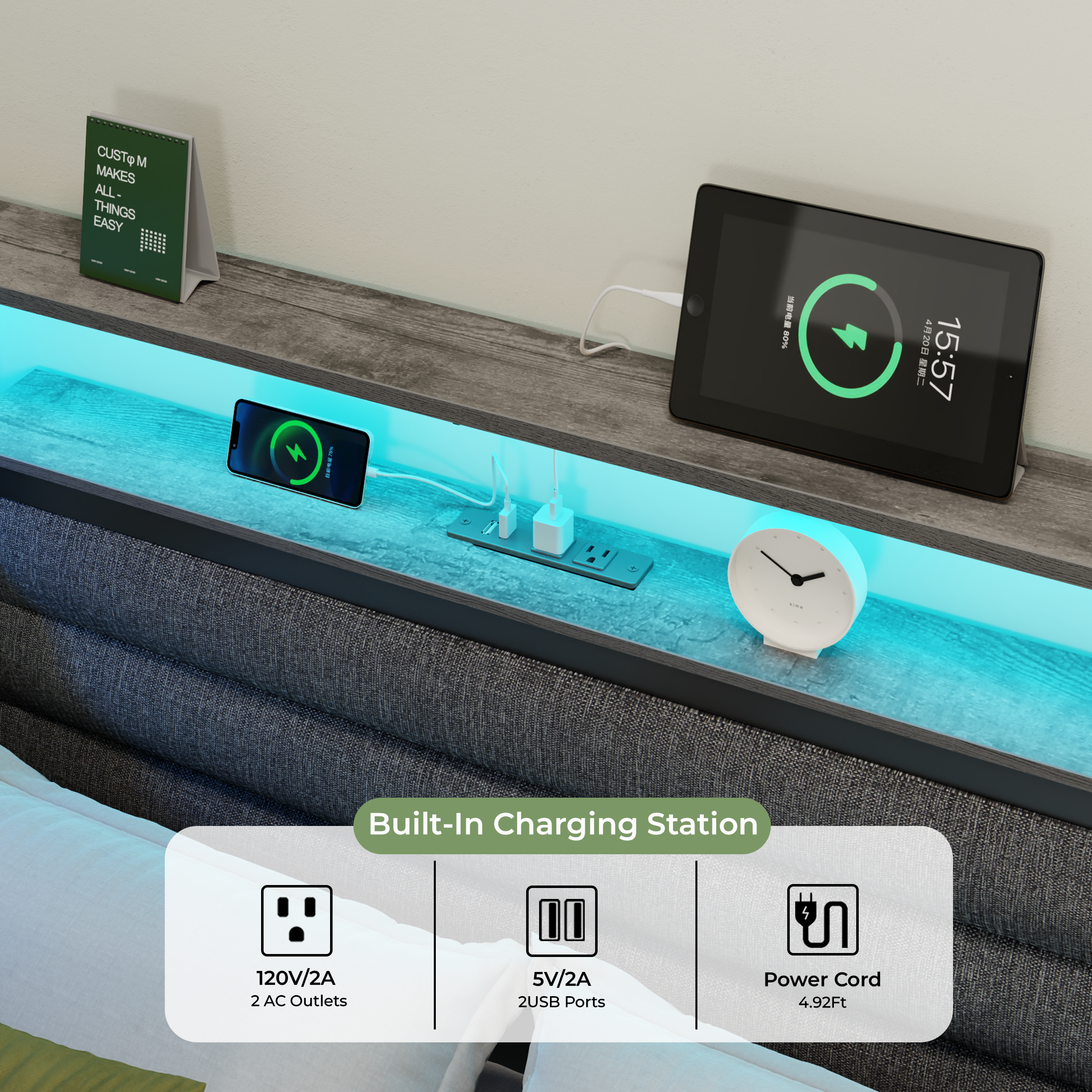 Furnulem Full Size Bed Frame with Headboard and Storage Drawers Full Metal Platform Corner Bed Frame with Charging Station and LED Lights Gray