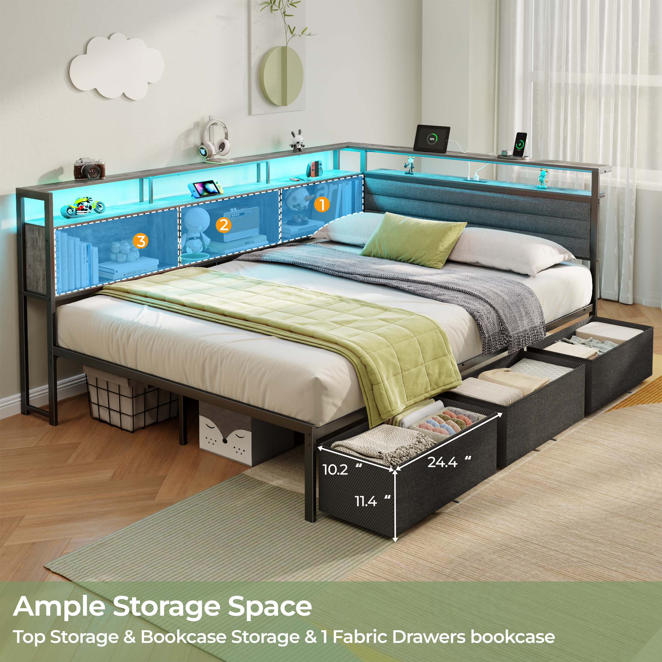 Furnulem Full Size Bed Frame with Headboard and Storage Drawers Full Metal Platform Corner Bed Frame with Charging Station and LED Lights Gray