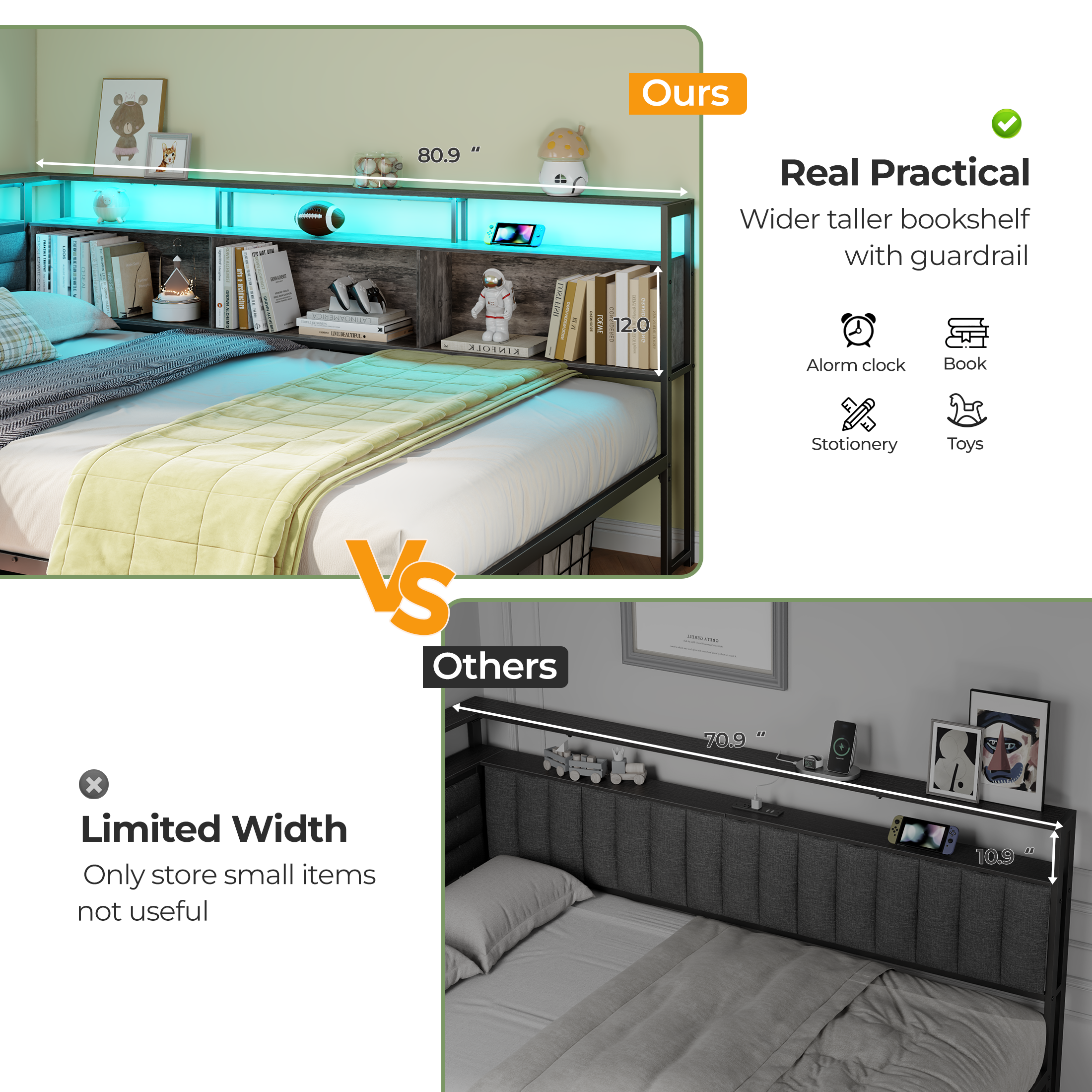 Furnulem Full Size Bed Frame with Headboard and Storage Drawers Full Metal Platform Corner Bed Frame with Charging Station and LED Lights Gray