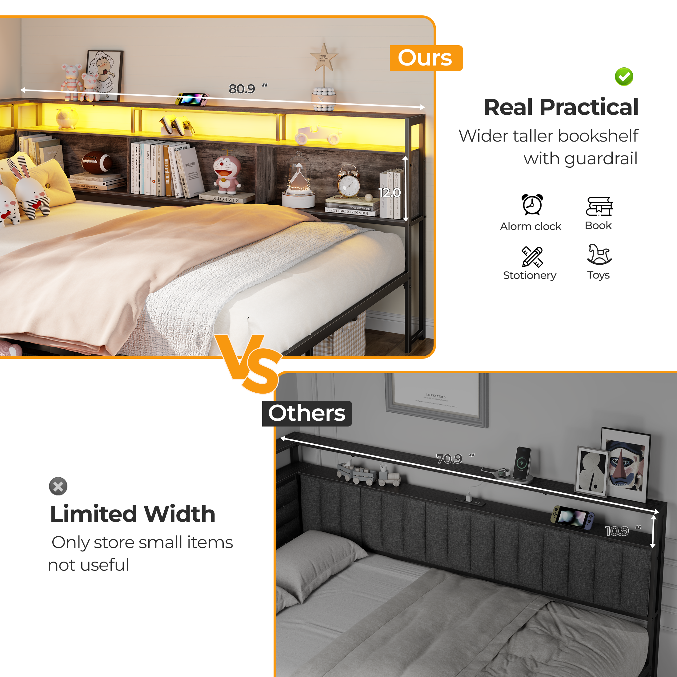 Gray Full Bed Frame with LED Lights Charging Station Storage Bookcase 3 Drawers Upholstered Headboard Corner Daybed No Box Spring Support