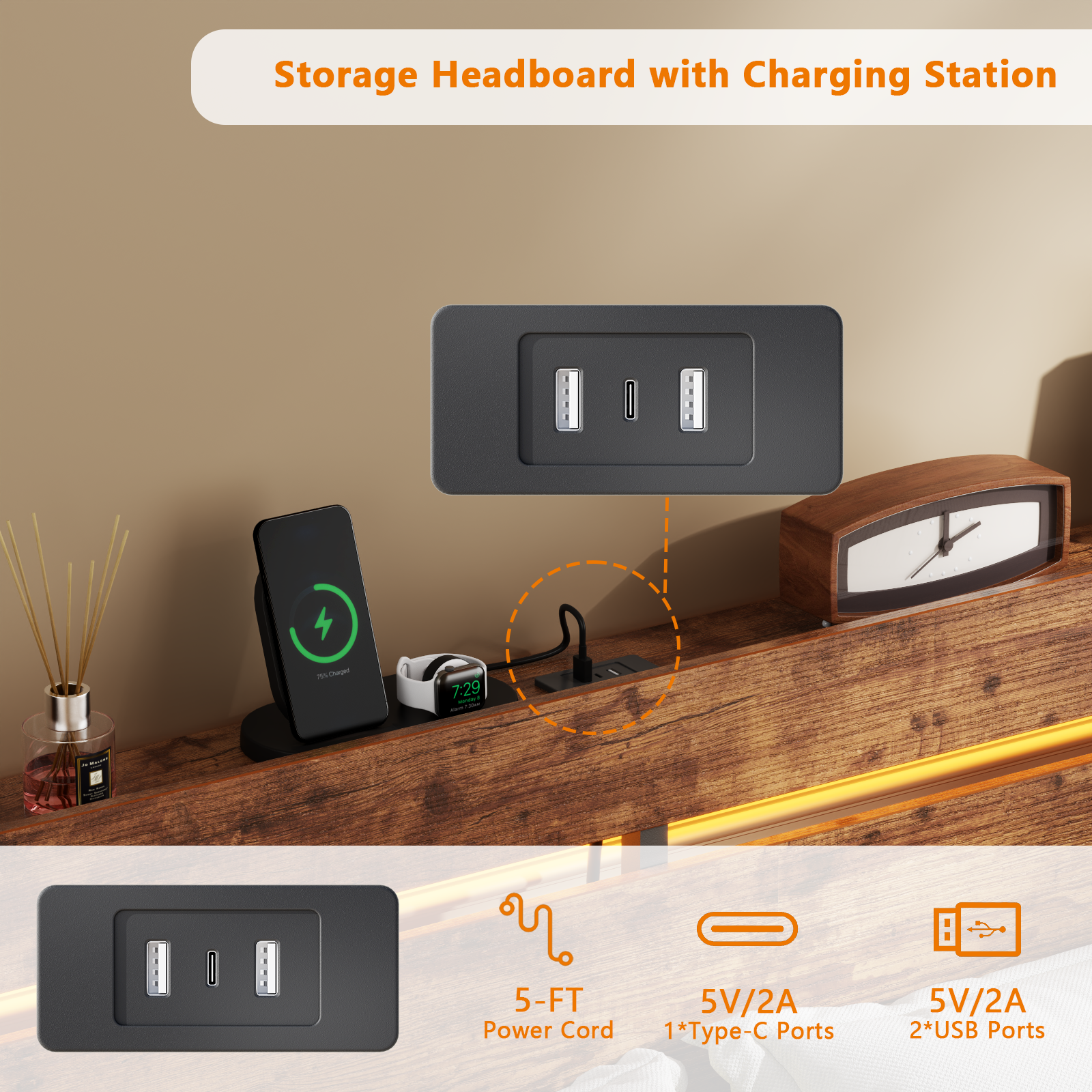 Full Size Bed Frame with Wood Headboard Metal Platform Bed with 2 Storage Drawers Shelf Built in Charging Station LED Lights No Box Spring Needed