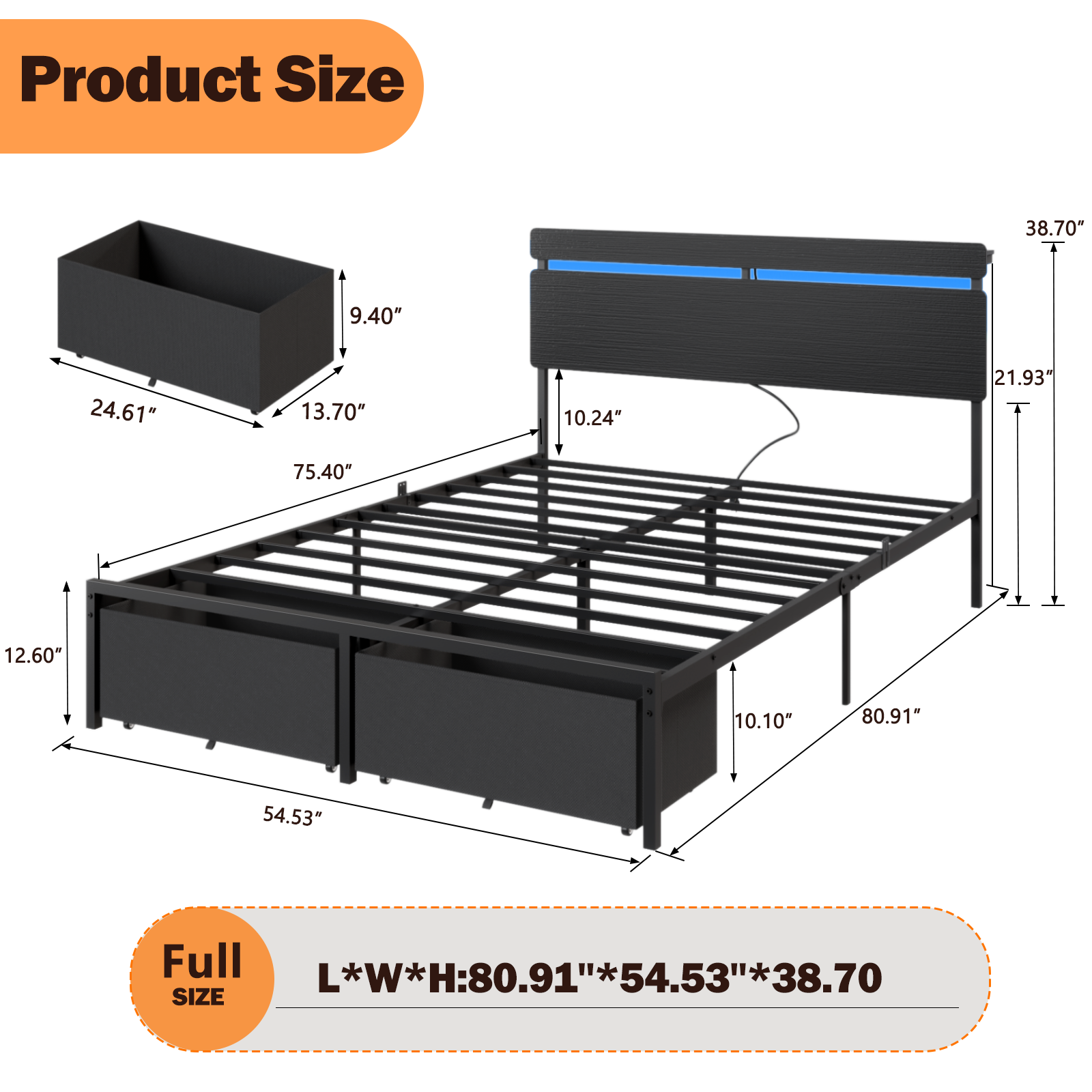 Full Size Bed Frame with Wood Headboard Black Platform Bed with 2 Storage Drawers Shelf Built in Charging Station  LED Lights No Box Spring Needed