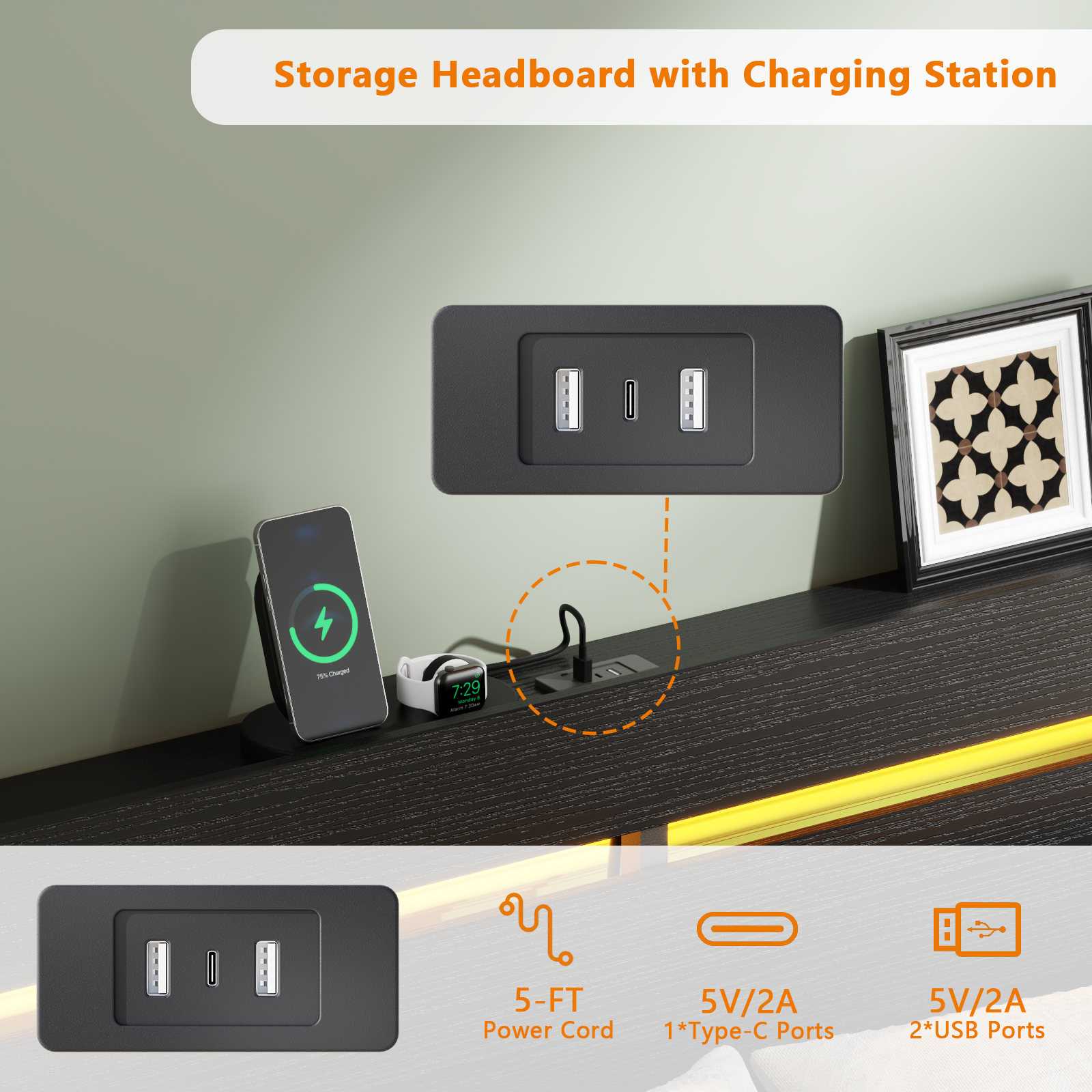 Modern Full Bed Frame with LED Lights Charging Station Storage Headboard 2 Drawers Under Bed Storage Metal Support Noise Free