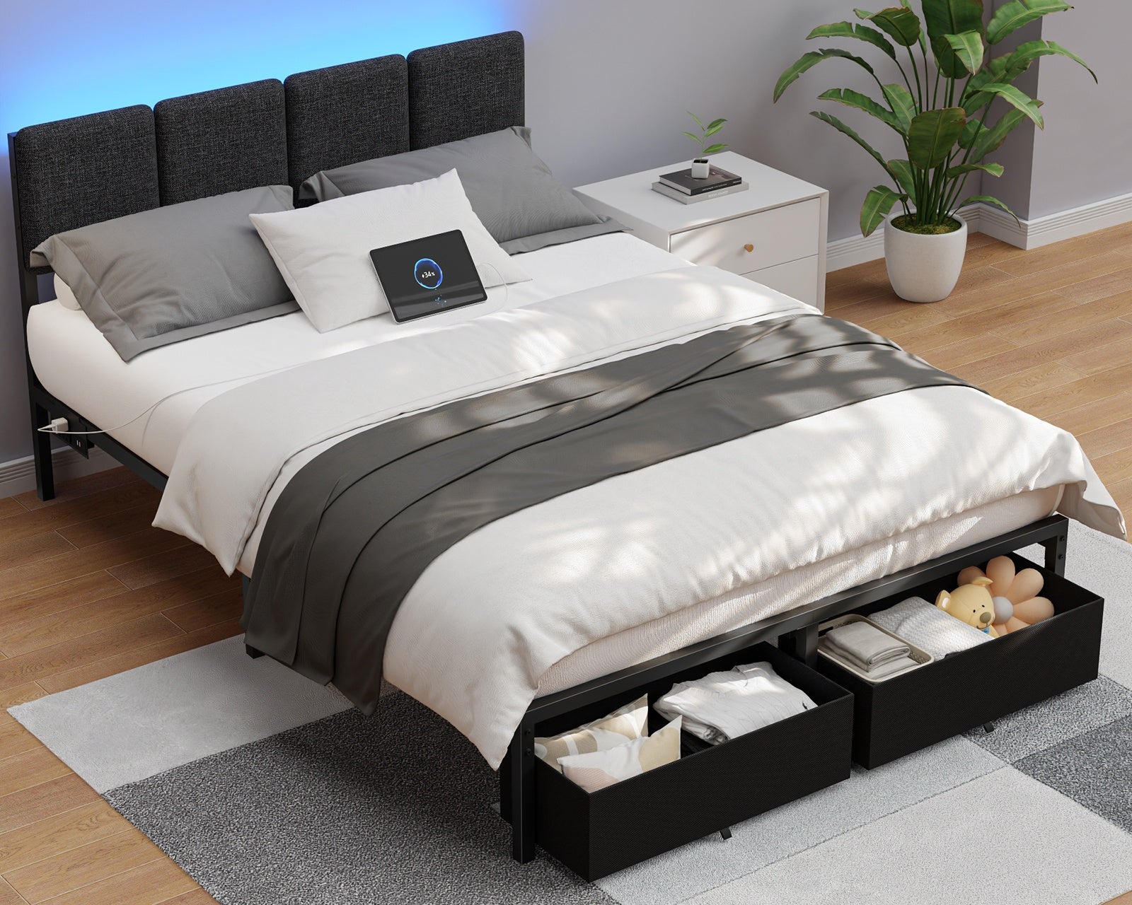 Furnulem Full Size Bed Frame with Headboard,Upholstered Bed Full with LED Light
