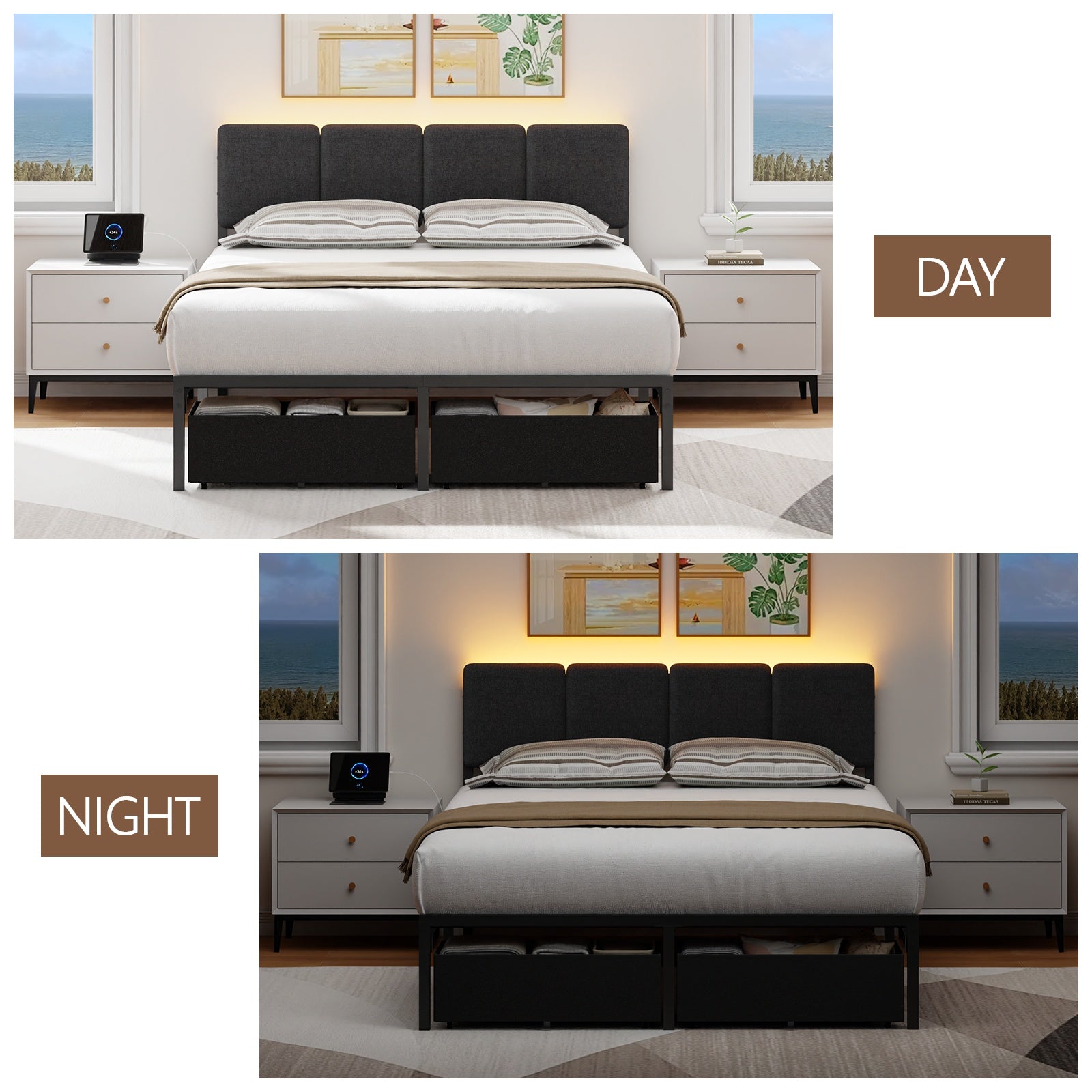 Furnulem Full Size Bed Frame with Headboard,Upholstered Bed Full with LED Light