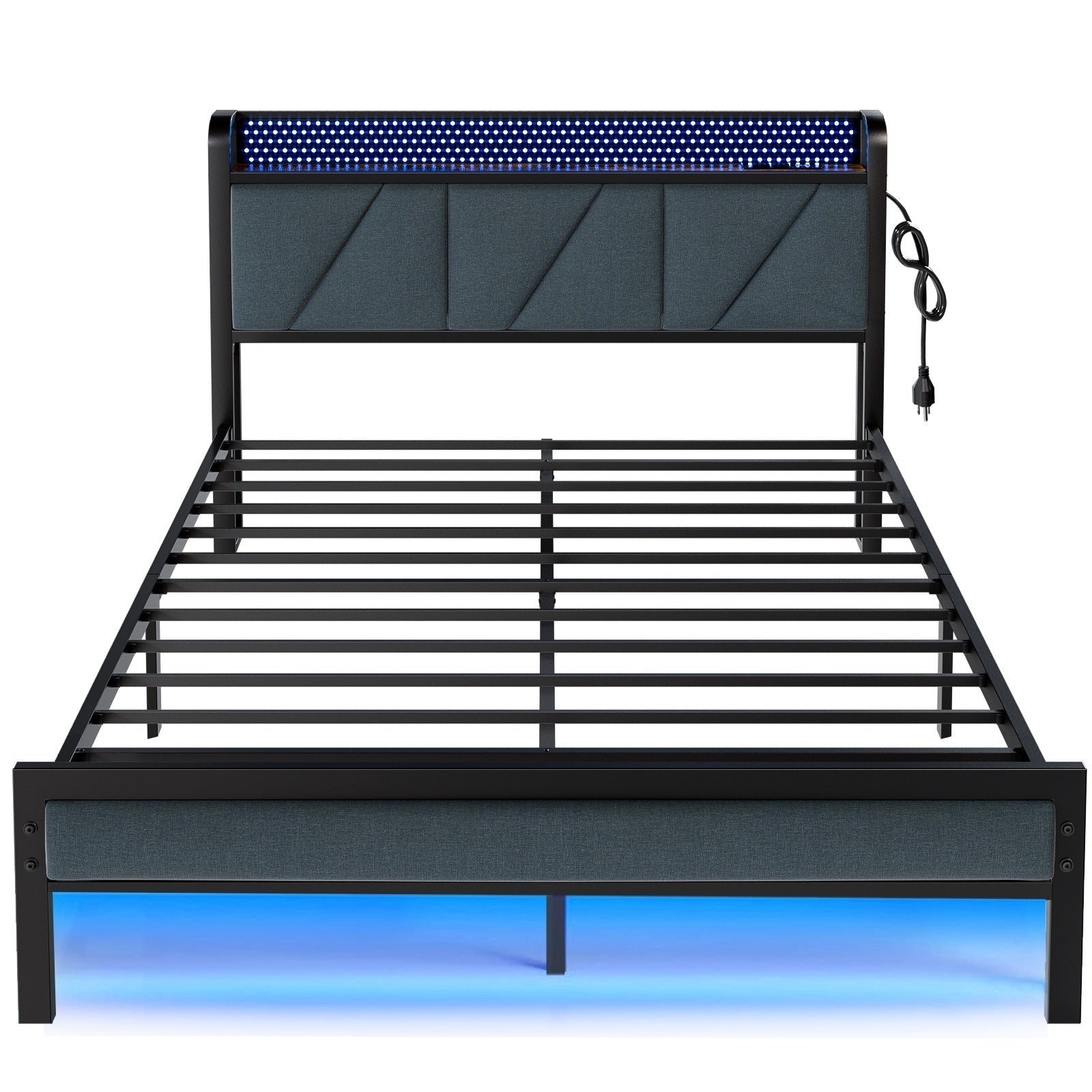 Furnulem Bed Frame with LED Lights,Headboard with Charging Station and USB Port,Upholstered Platform Bedframe Metal Support,No Box Spring Needed
