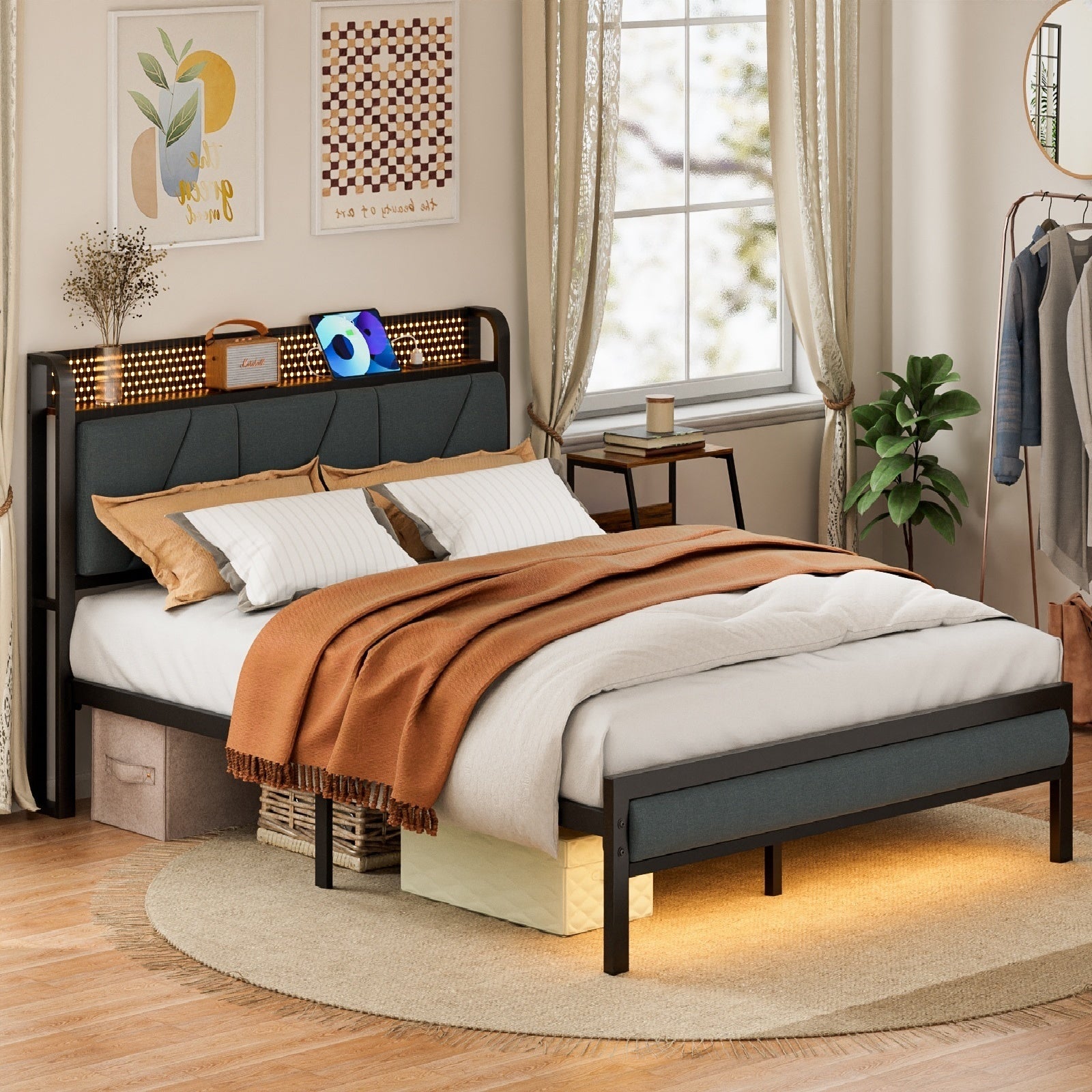 Furnulem Bed Frame with LED Lights,Headboard with Charging Station and USB Port,Upholstered Platform Bedframe Metal Support,No Box Spring Needed