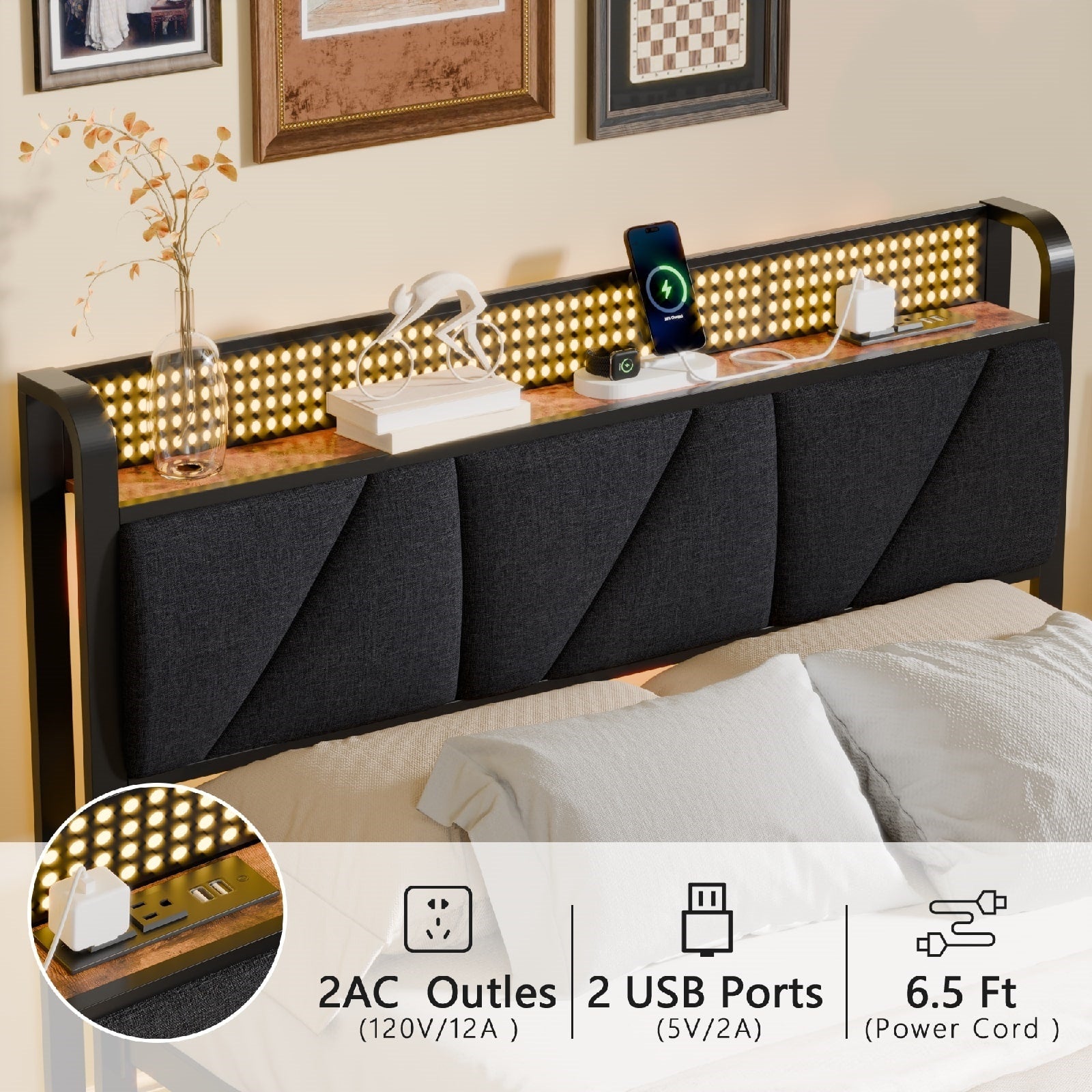 Furnulem Bed Frame with LED Lights,Headboard with Charging Station and USB Port,Upholstered Platform Bedframe Metal Support,No Box Spring Needed
