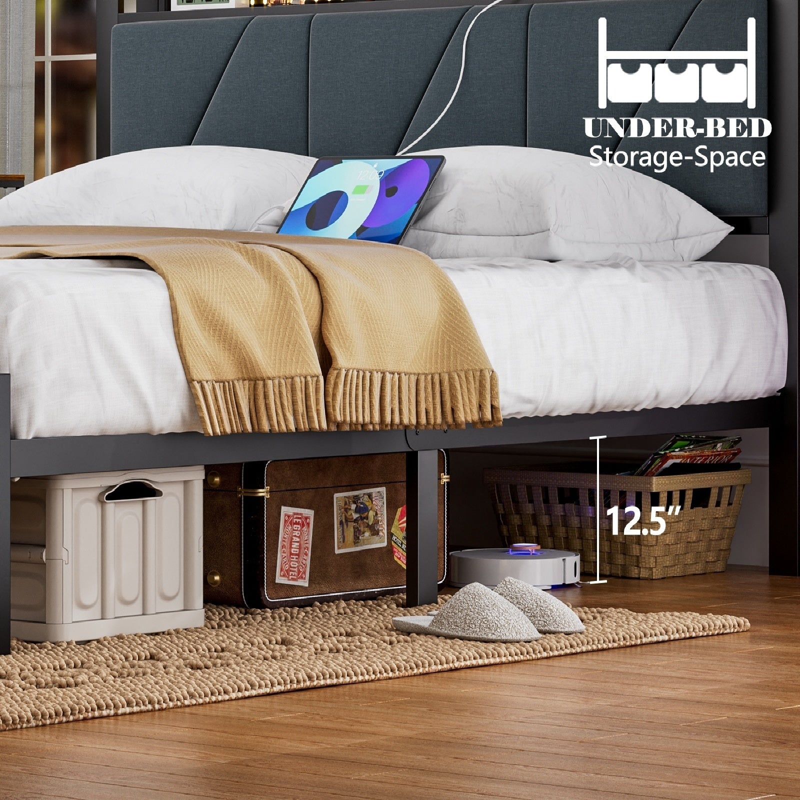 Furnulem Bed Frame with LED Lights,Headboard with Charging Station and USB Port,Upholstered Platform Bedframe Metal Support,No Box Spring Needed