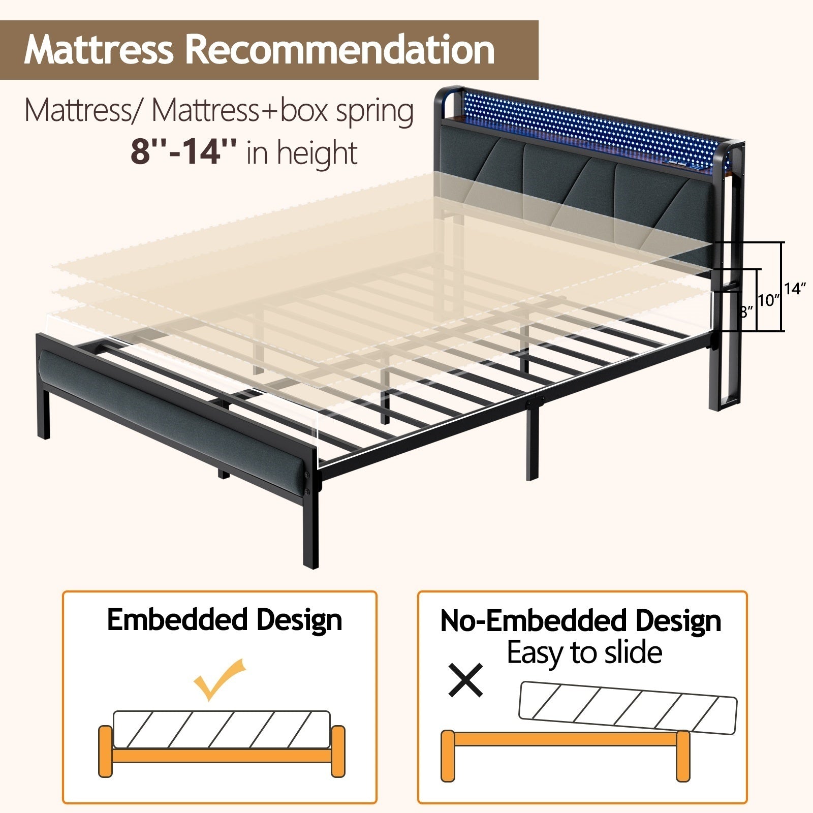 Furnulem Bed Frame with LED Lights,Headboard with Charging Station and USB Port,Upholstered Platform Bedframe Metal Support,No Box Spring Needed