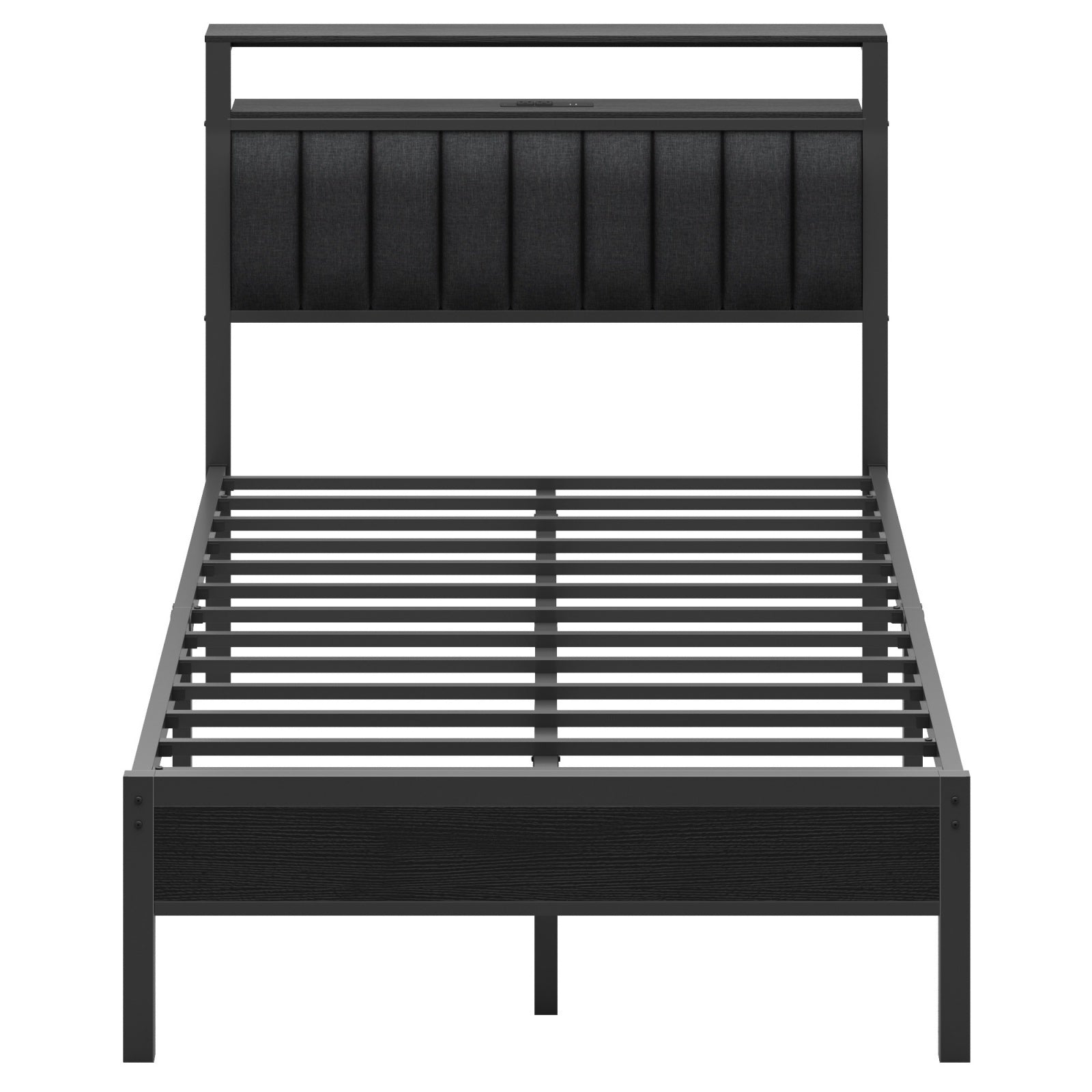 Furnulem Full and Queen Size Bed Frame with Charging Station and LED Lights, Platform Bed with Metal Slats, Grey Upholstered Headboard with 2-Tier Storage Shelves, No Box Spring Needed