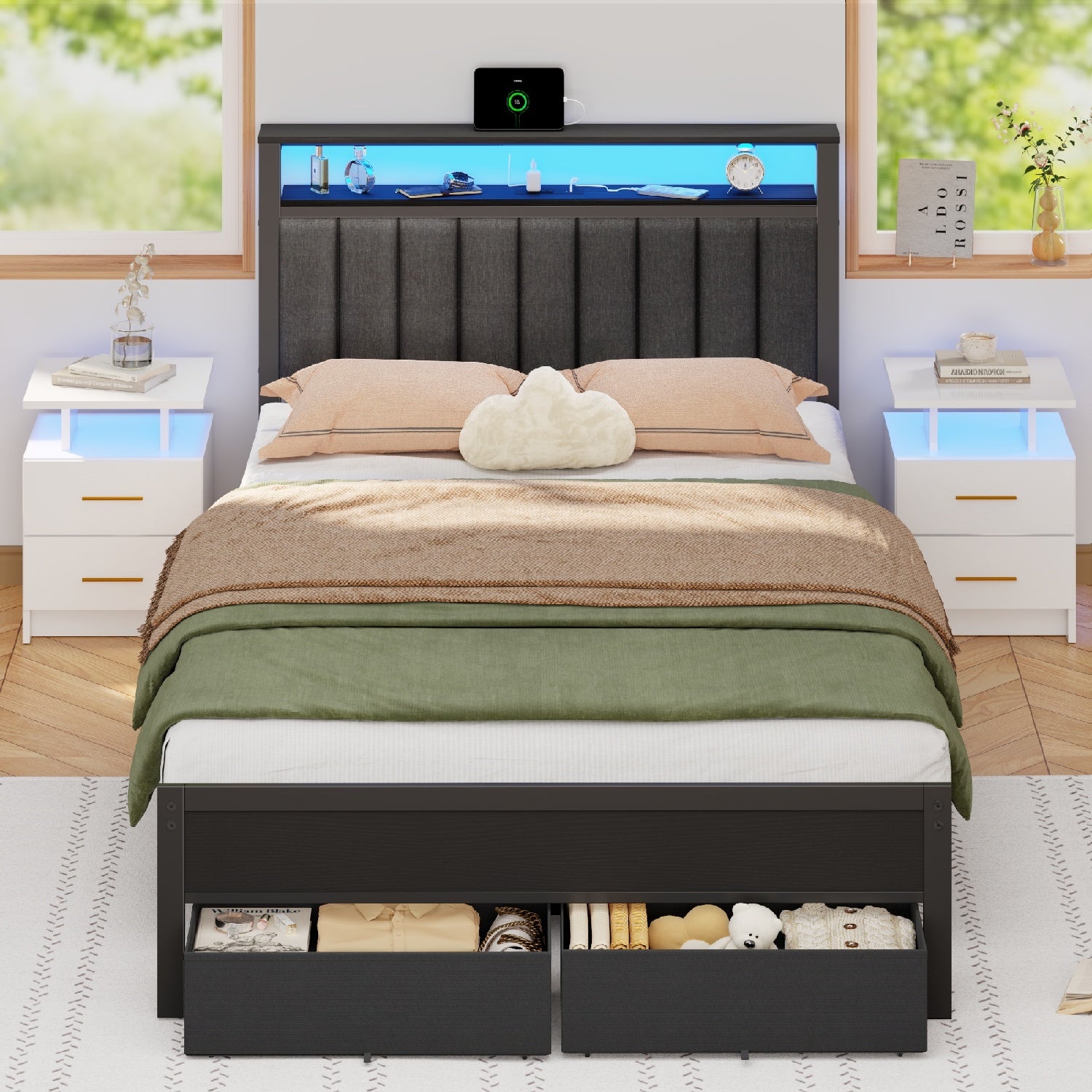 Furnulem Bed Frame with LED Lights, Charging Station & Storage