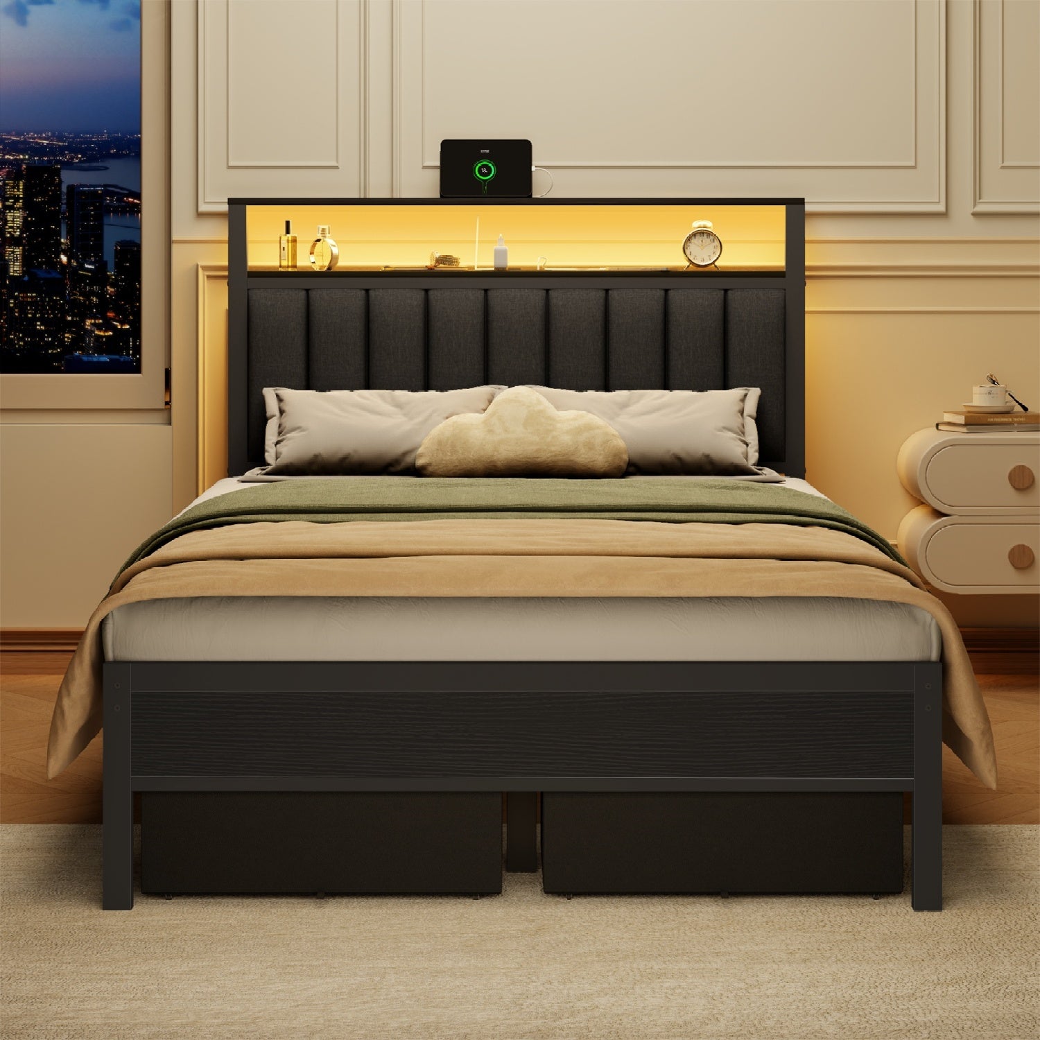 Furnulem Bed Frame with LED Lights, Charging Station & Storage