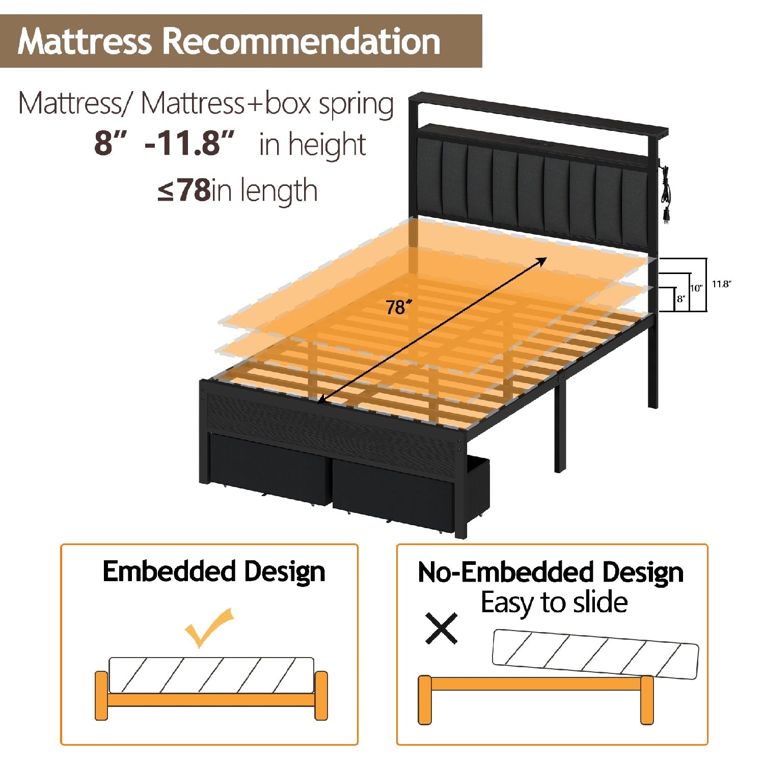 Furnulem Bed Frame with LED Lights, Charging Station & Storage