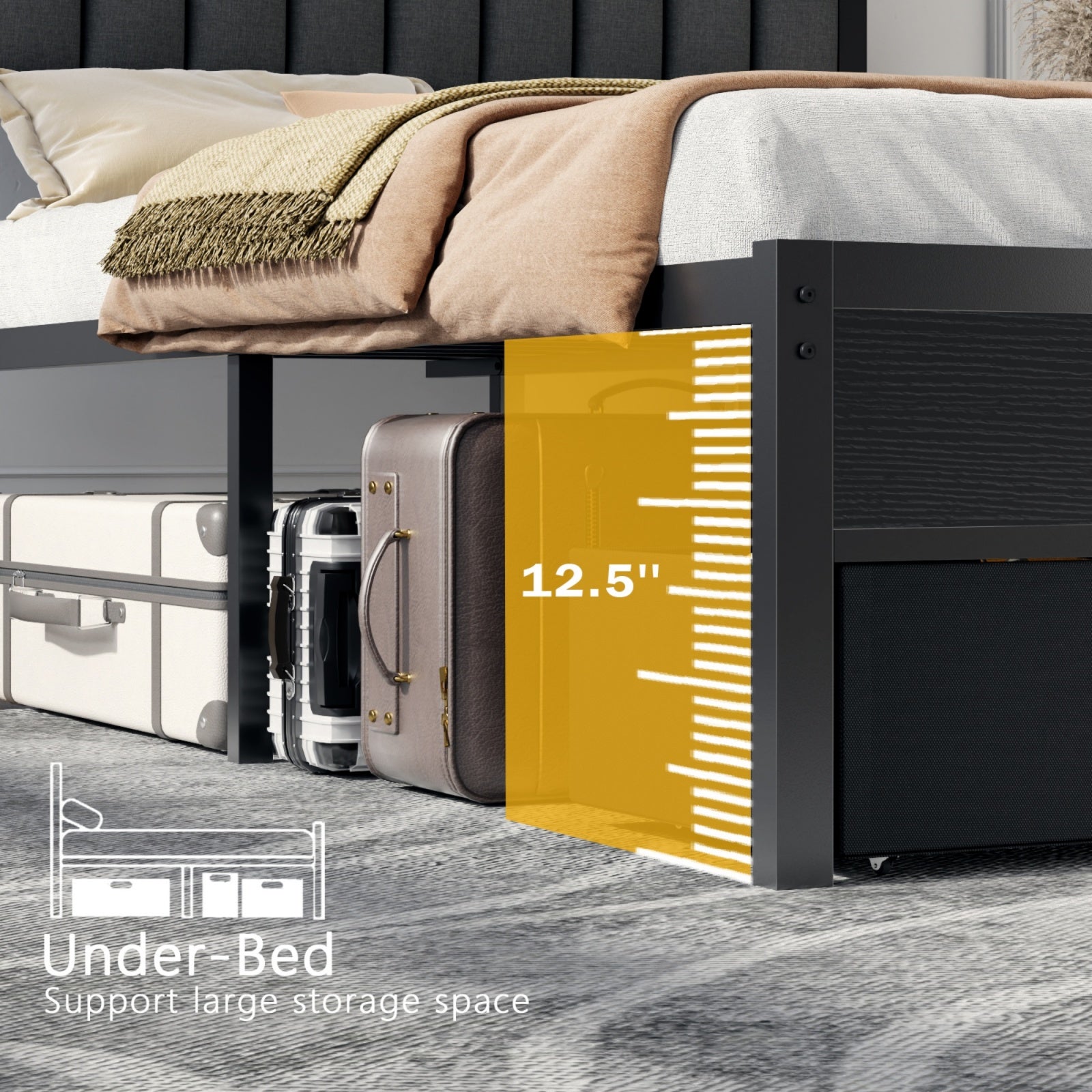 Furnulem Twin Bed Frames with Charging Station and LED Lights, Grey Upholstered Headboard with Shelves