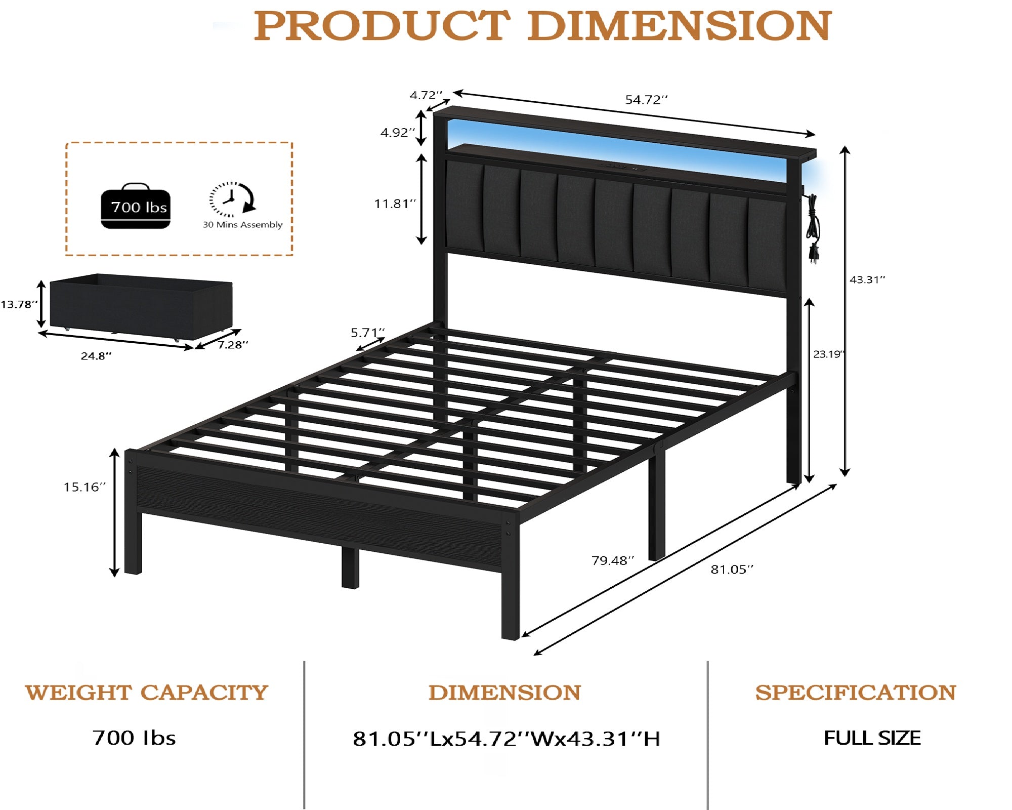 Furnulem Twin Bed Frames with Charging Station and LED Lights, Grey Upholstered Headboard with Shelves