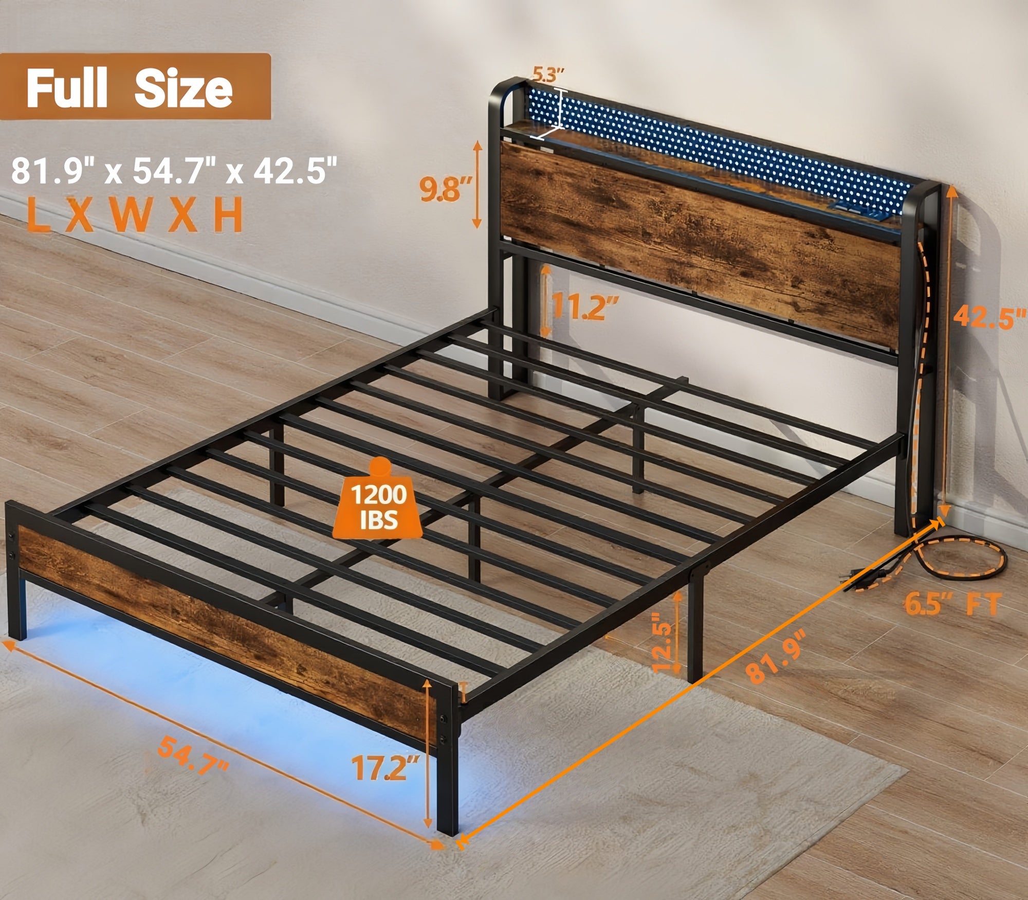 Furnulem Bed Frame with Charging Station and LED Lights,Industrial Platform Beds Queen Size with Storage Headboard,USB Port,Rustic Wood and Strong Metal Support,No Box Spring Needed, Noise Free