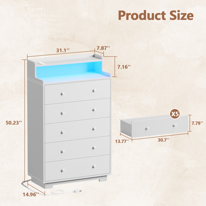 Furnulem 5 Drawer Chest with LED & Charging Station