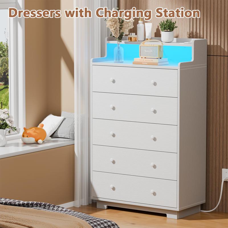 Furnulem 5 Drawer Chest with LED & Charging Station